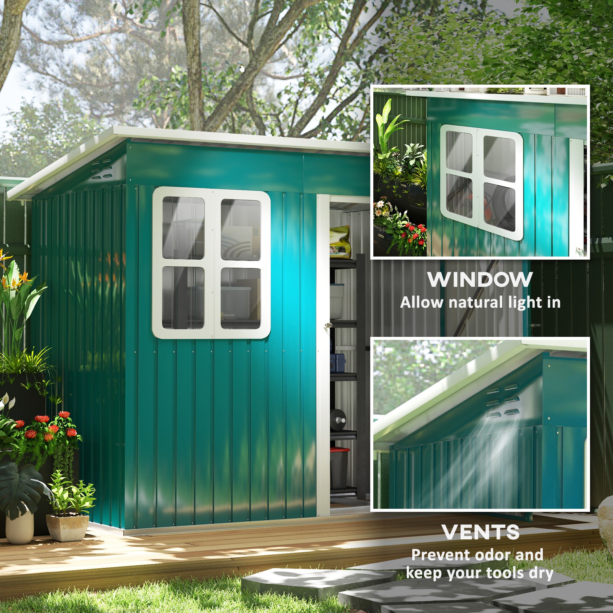 7 x 4ft Galvanised Steel Garden Shed with Lock and Window - Green