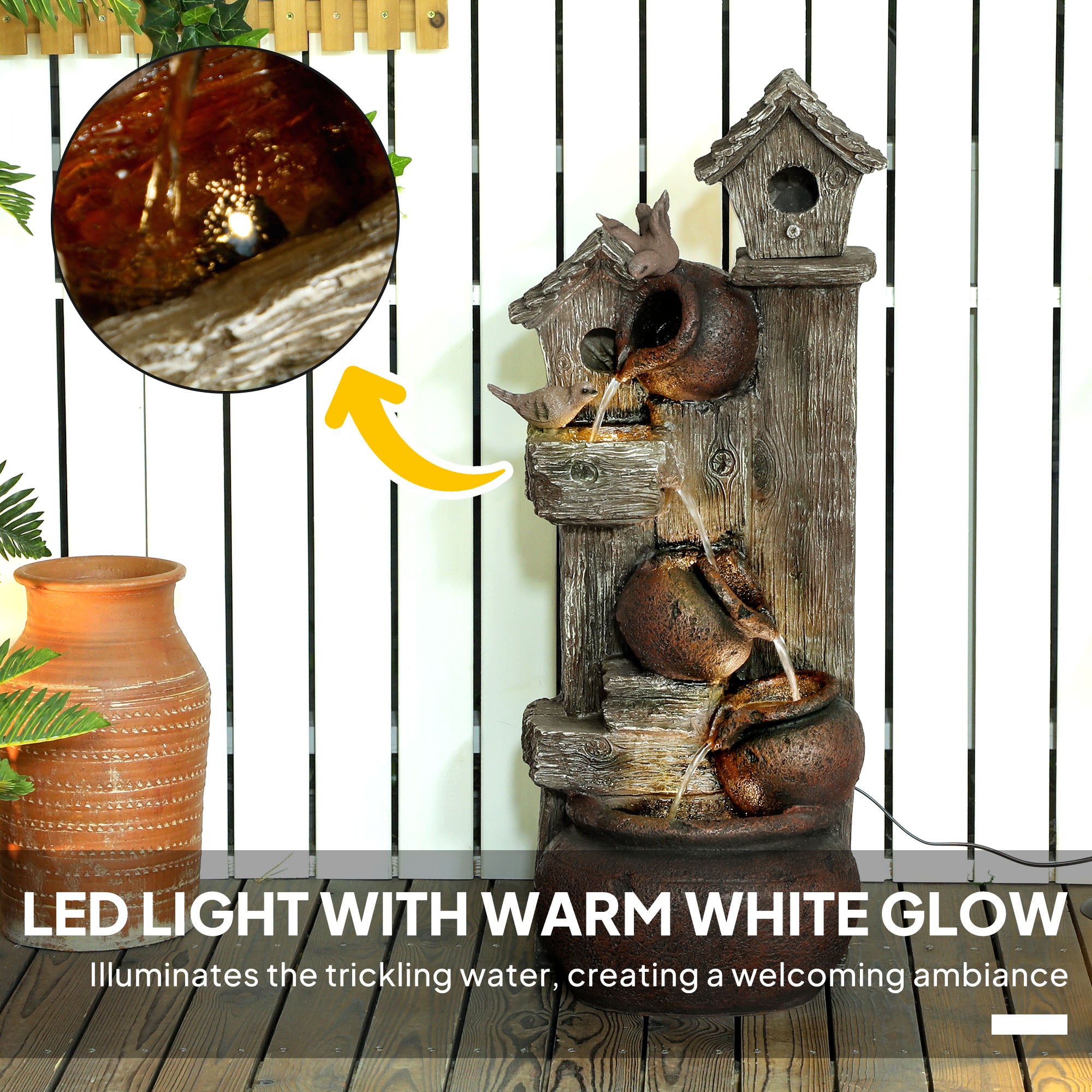 2-in-1 Resin Waterfall Fountain with Birdhouse and LED Lights, Tree Trunk Design - Multi-colour