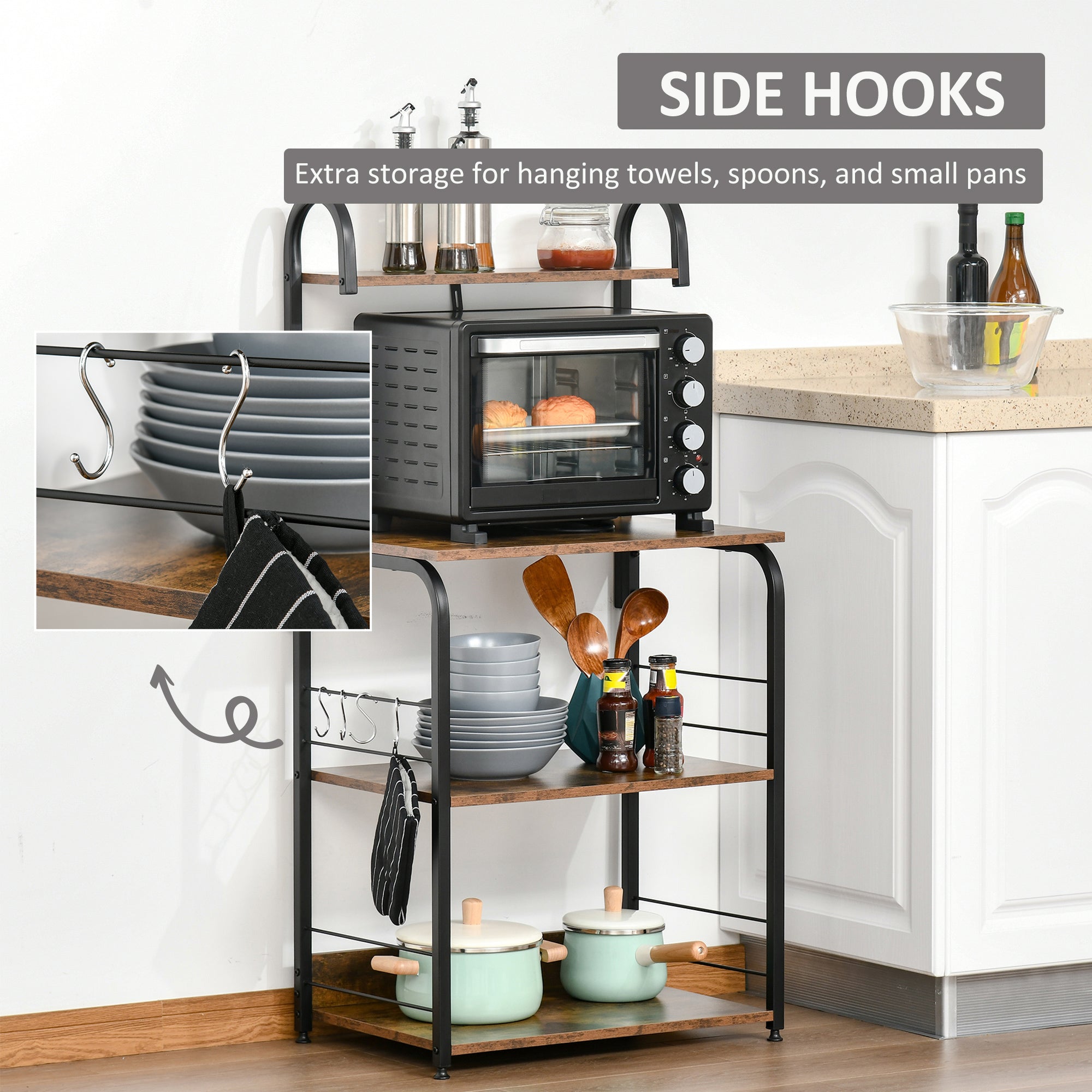 4-Tier Baker's Rack, Microwave Stand with 4 Hooks, Kitchen Storage Unit for Spices, Pots and Pans, Rustic Brown