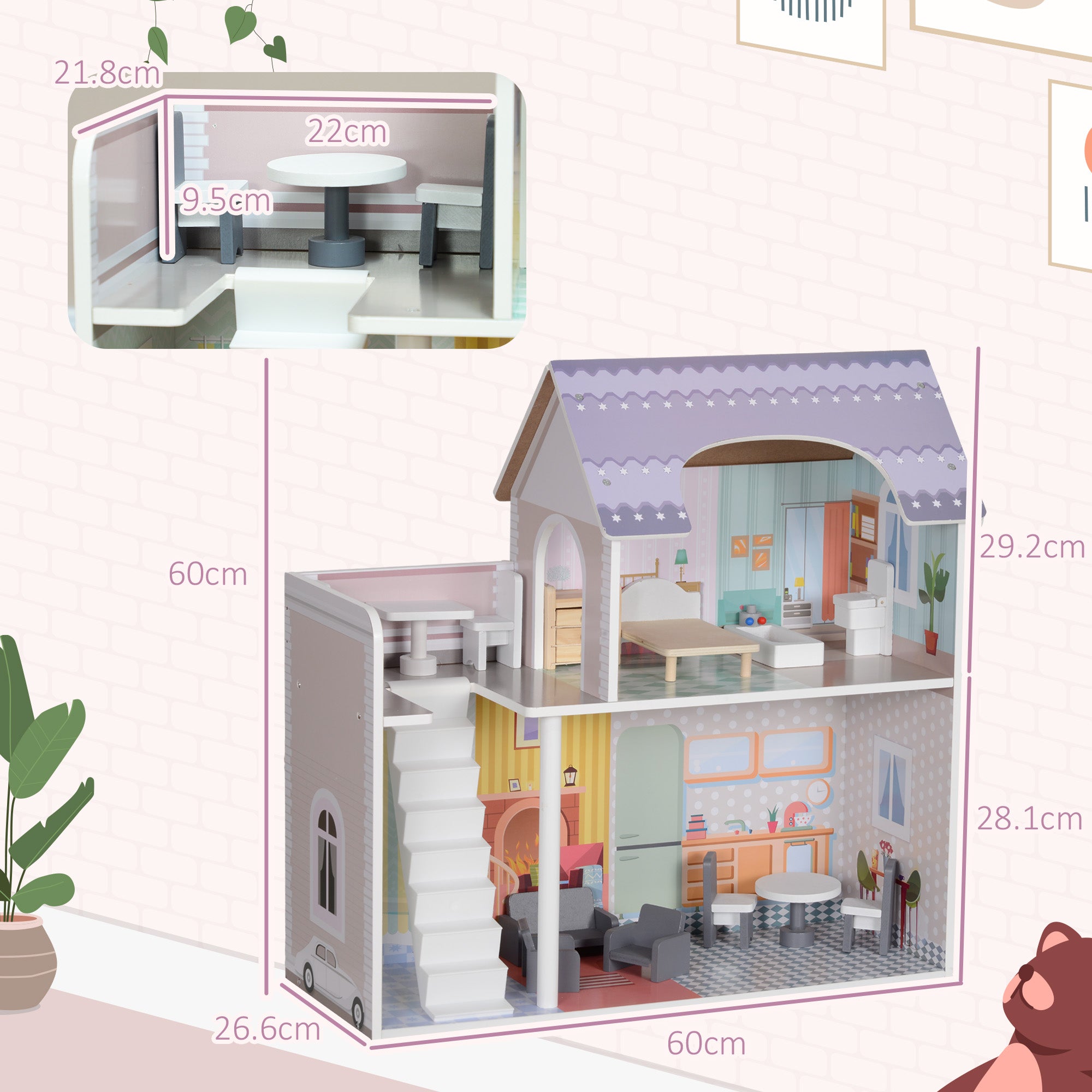 2 Storey Dolls House with 13 Pieces Furniture, Play Set with Balcony, Gift for 3-6 Years Old