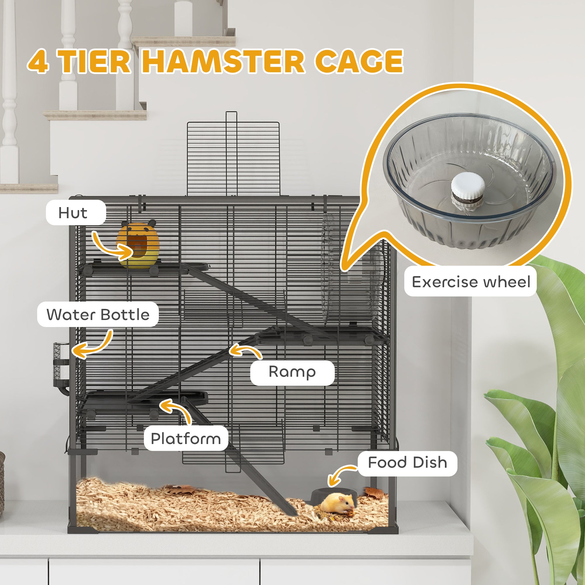4 Tiers Hamster Cage with Deep Tempered Glass Bottom, Hut, Running Wheel, Food Dish, Water Bottle, 78.5 x 48.5 x 80cm