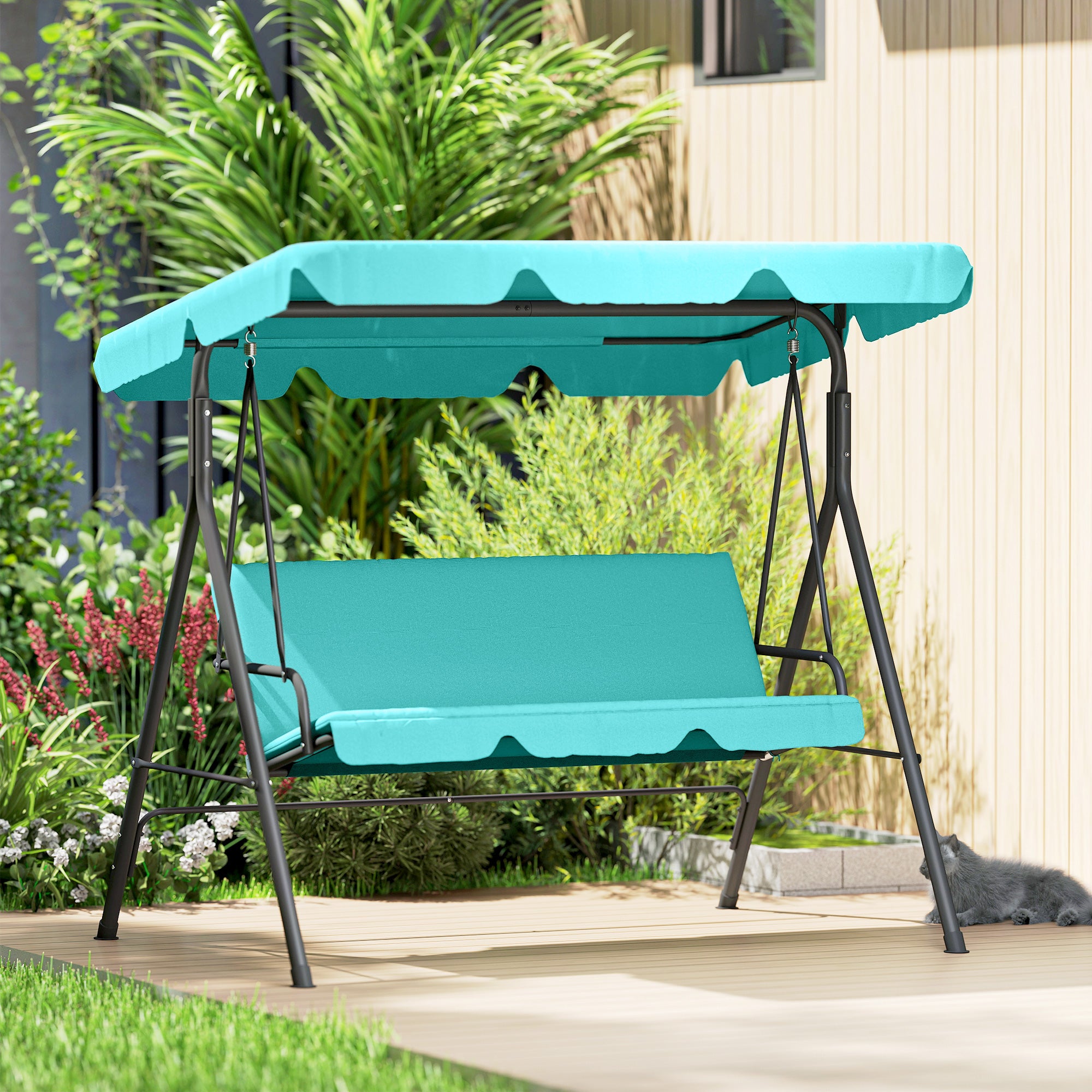 Three-Seater Garden Swing Chair, with Adjustable Canopy - Blue