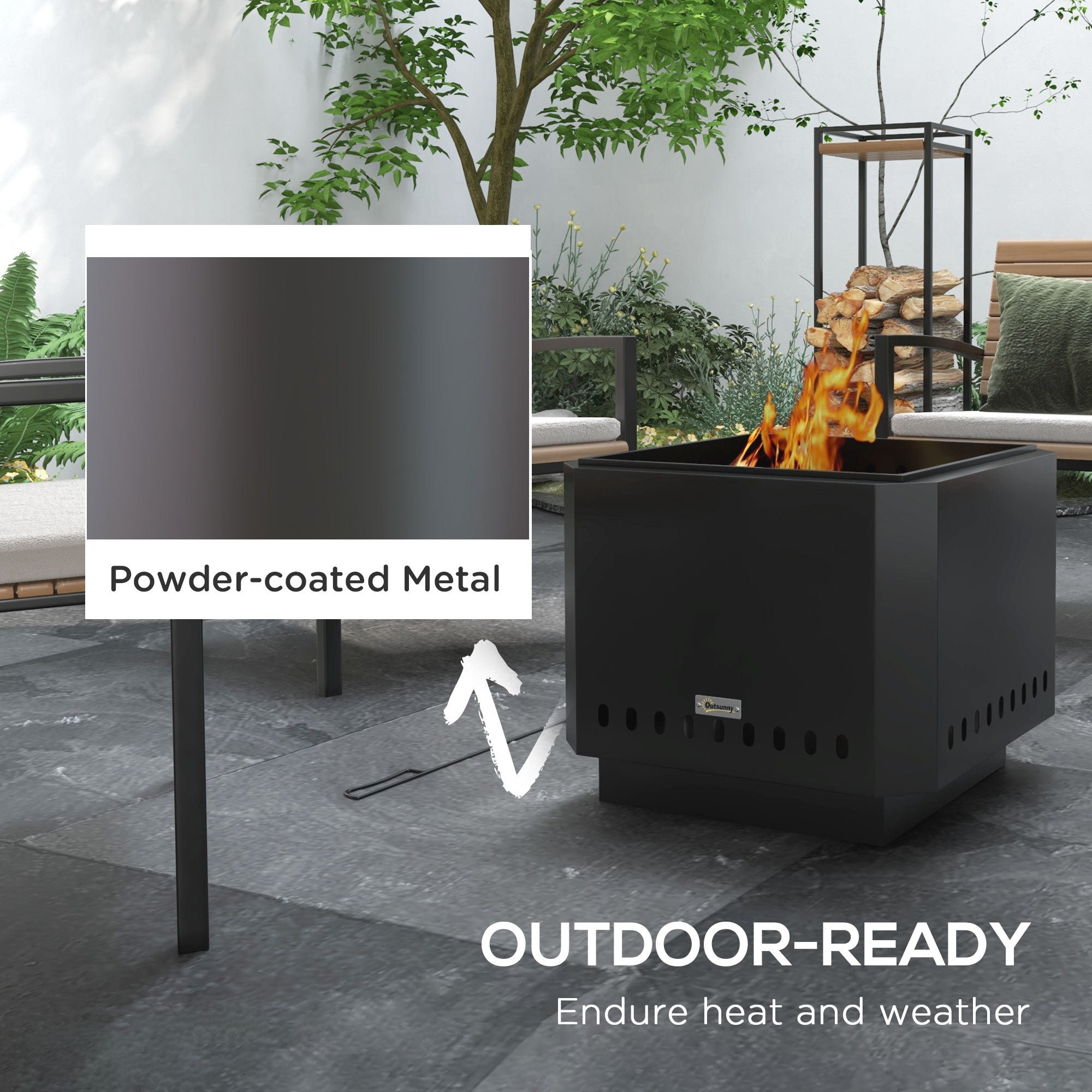 Smokeless Fire Pit, 48 cm Portable Wood Burning Firepit, Square Metal Bonfire Stove with Poker, Black