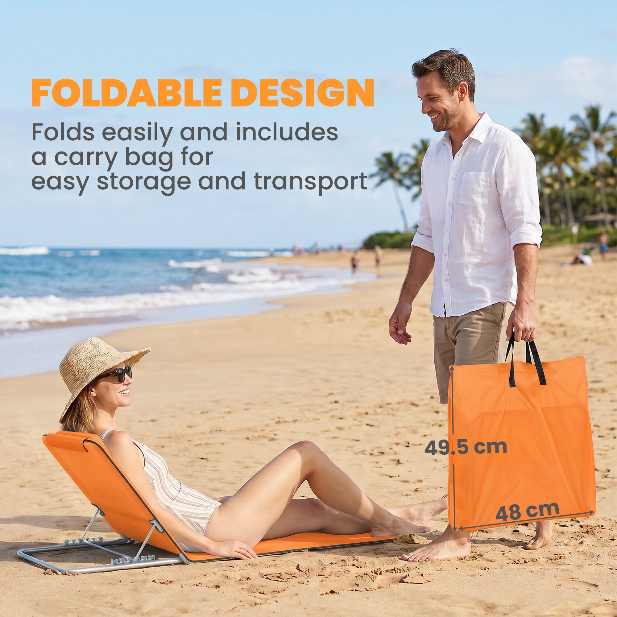 Set of Two Metal Frame Beach Chairs, with Reclining Backs - Orange