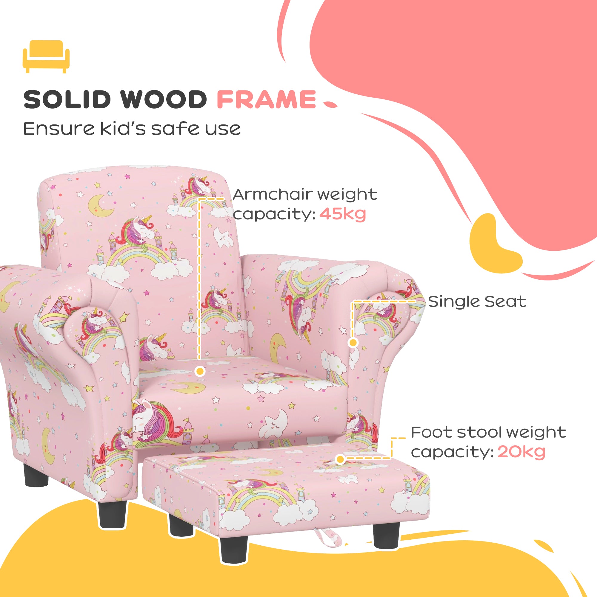 2 Piece Kids Sofa Set with Unicorn Design, Wooden Frame, for 1.5-3 Years Old, Pink