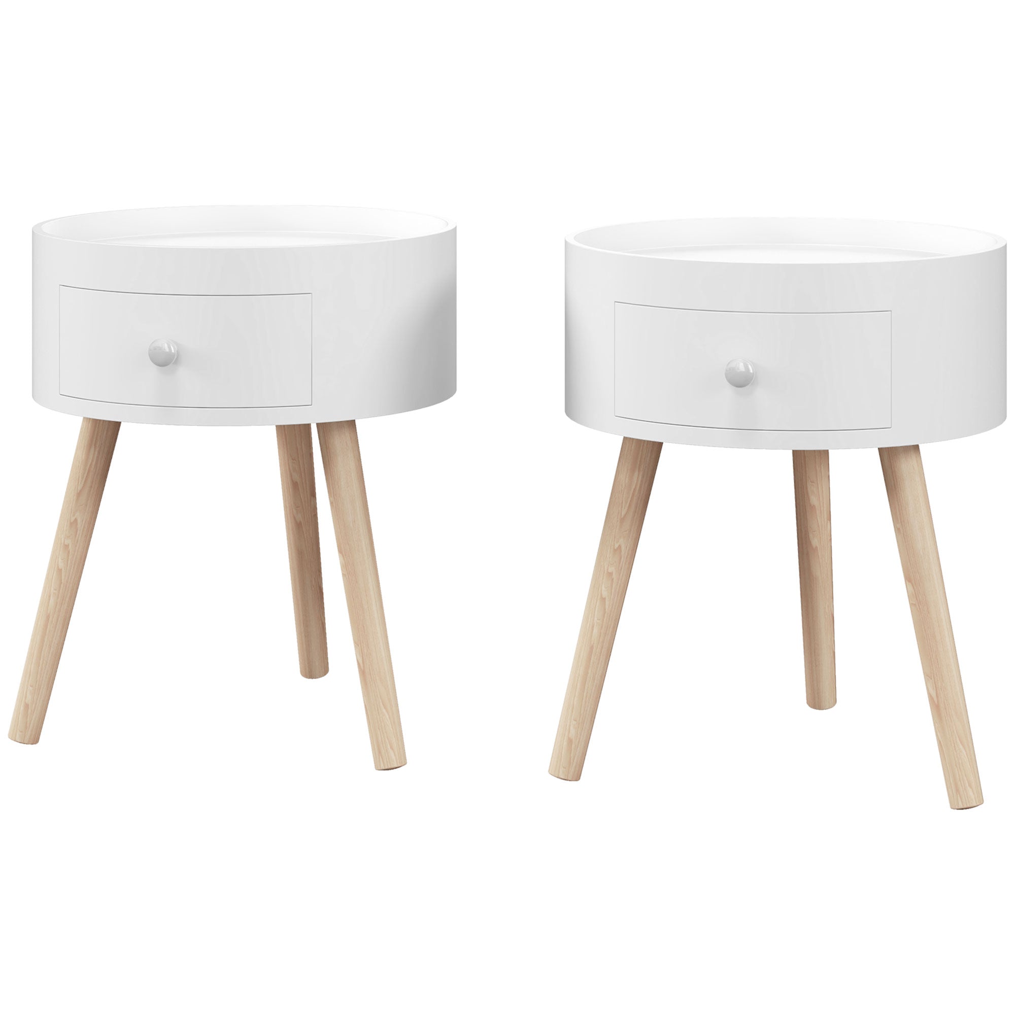 Modern Side Table, Small Coffee Table, Round Bedside Table with Drawer and Wood Legs for Living Room, Bedroom, Set of 2, White