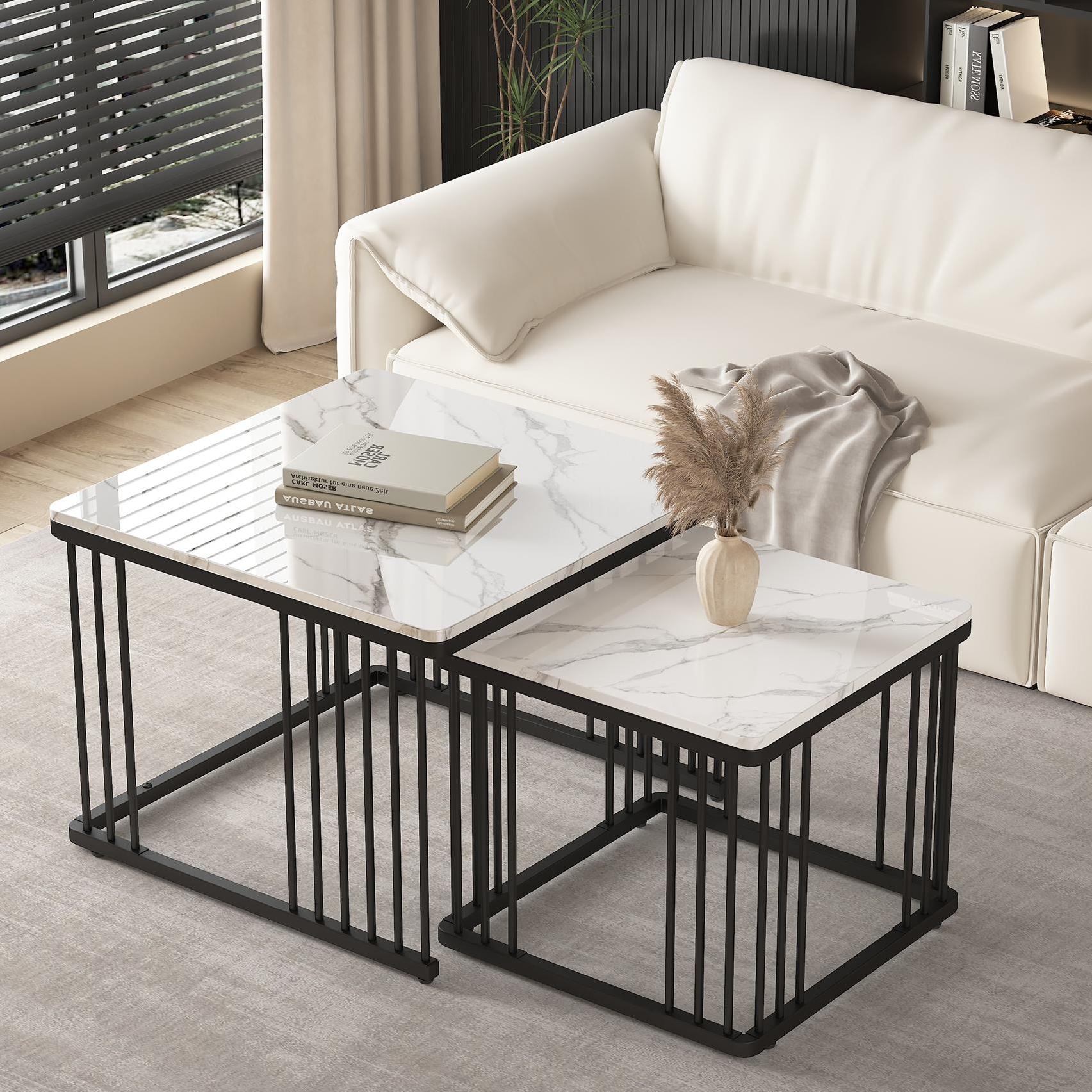2 Piece High Gloss Nesting Coffee Table Set with Marble Pattern, Square Side Tables with Metal Frame, 60L x 60W x 45H cm, White+Black