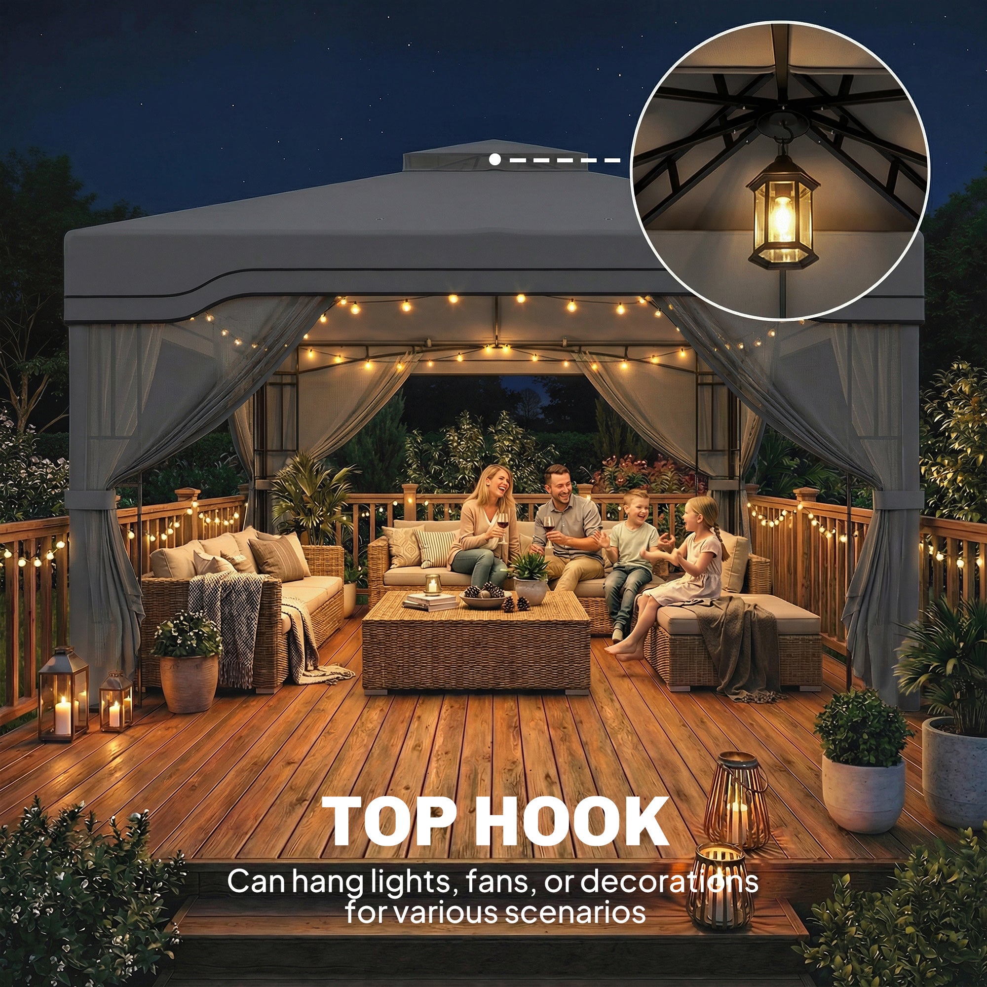 3 x 3.6 m Outdoor Garden Gazebo with Post Shelves, UPF50+ Patio Permanent Pavilion with Hook, Dark Grey