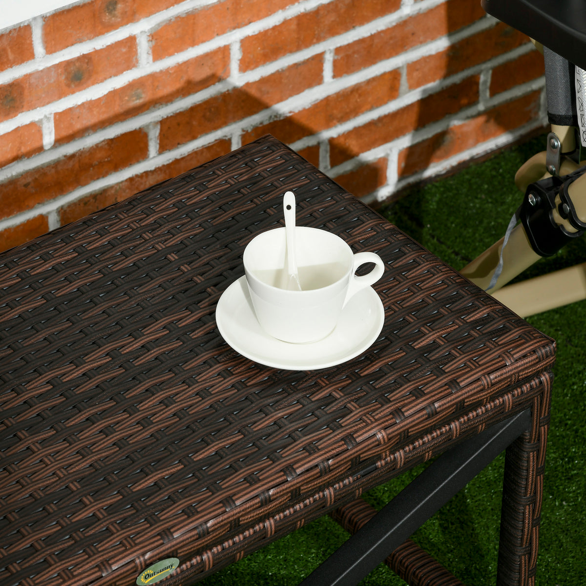 PE Rattan Garden Side Table, Outdoor Coffee Table with X-Shape Frame, Mixed Brown