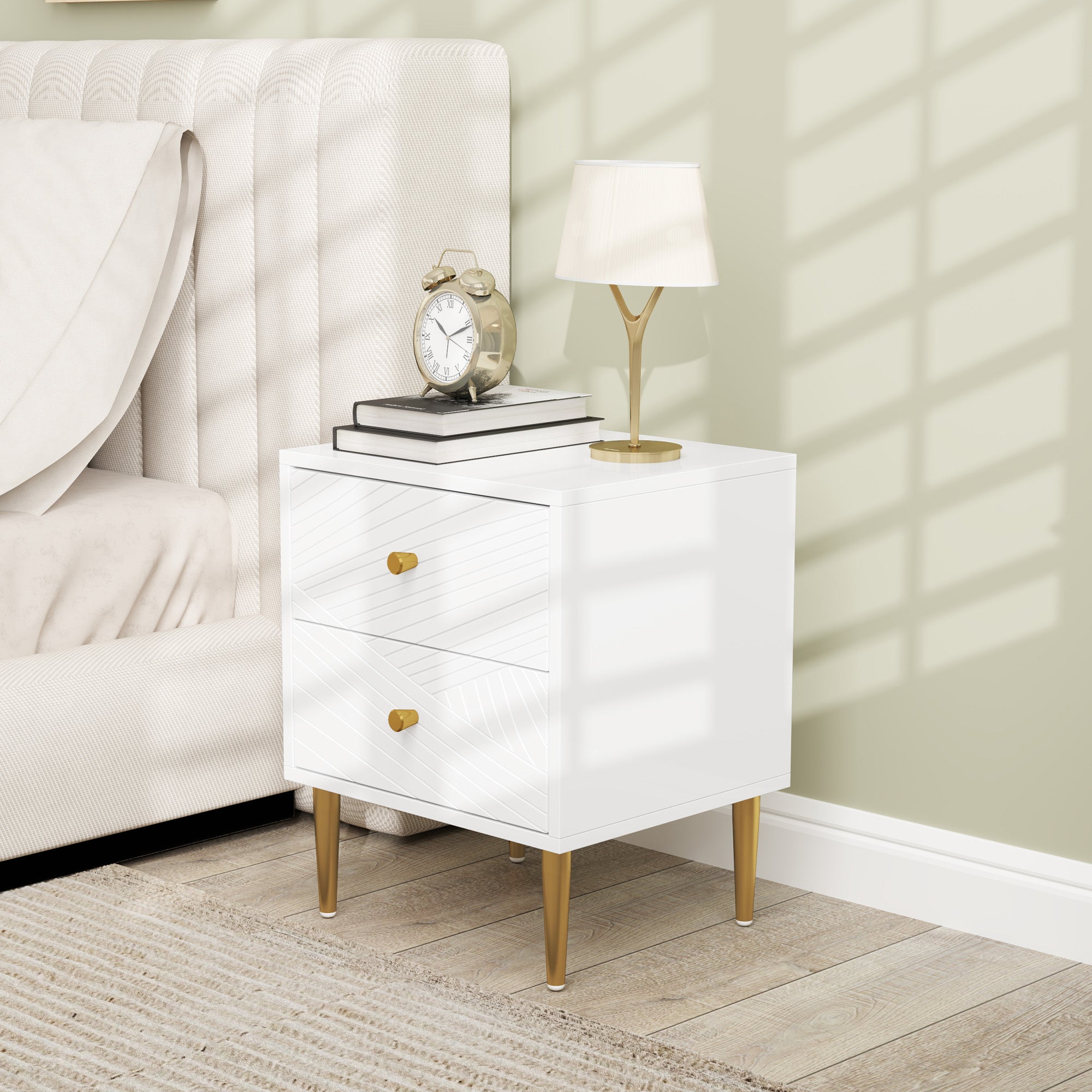 Elegant Two-Drawer Bedside Table - White/Gold-Tone