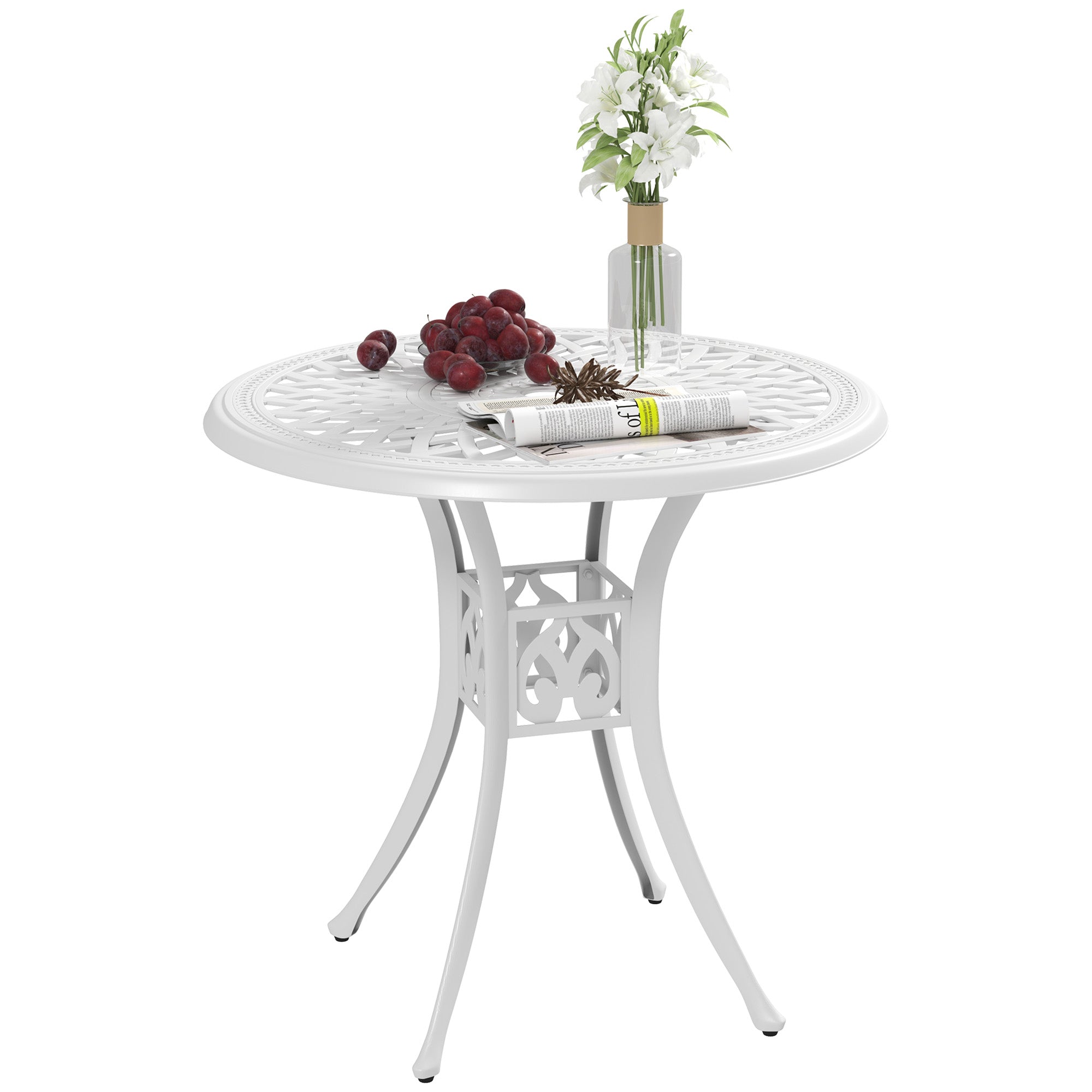 78 cm Round Garden Dining Table with Parasol Hole - White Cast Aluminium