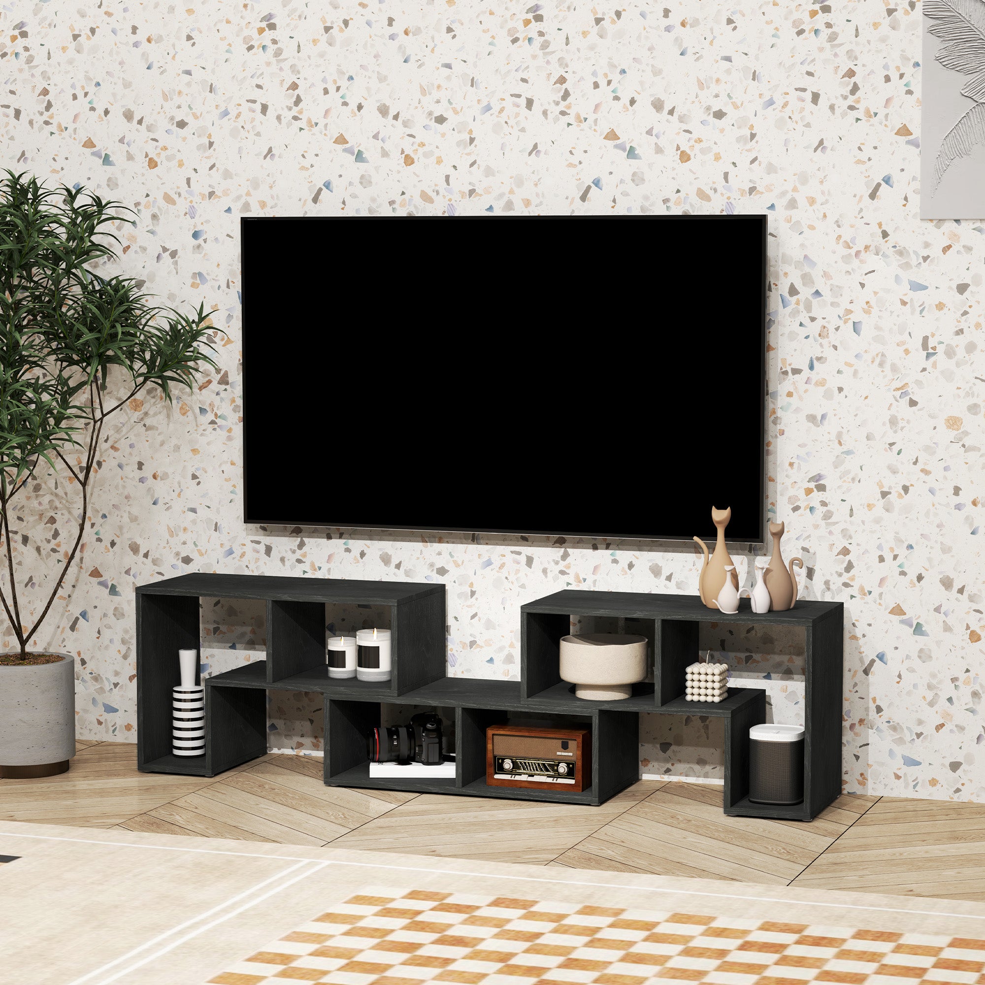 Extendable TV Stand for TVs up to 75 Inches with Storage Shelves and Modular Design - Black Wood Grain