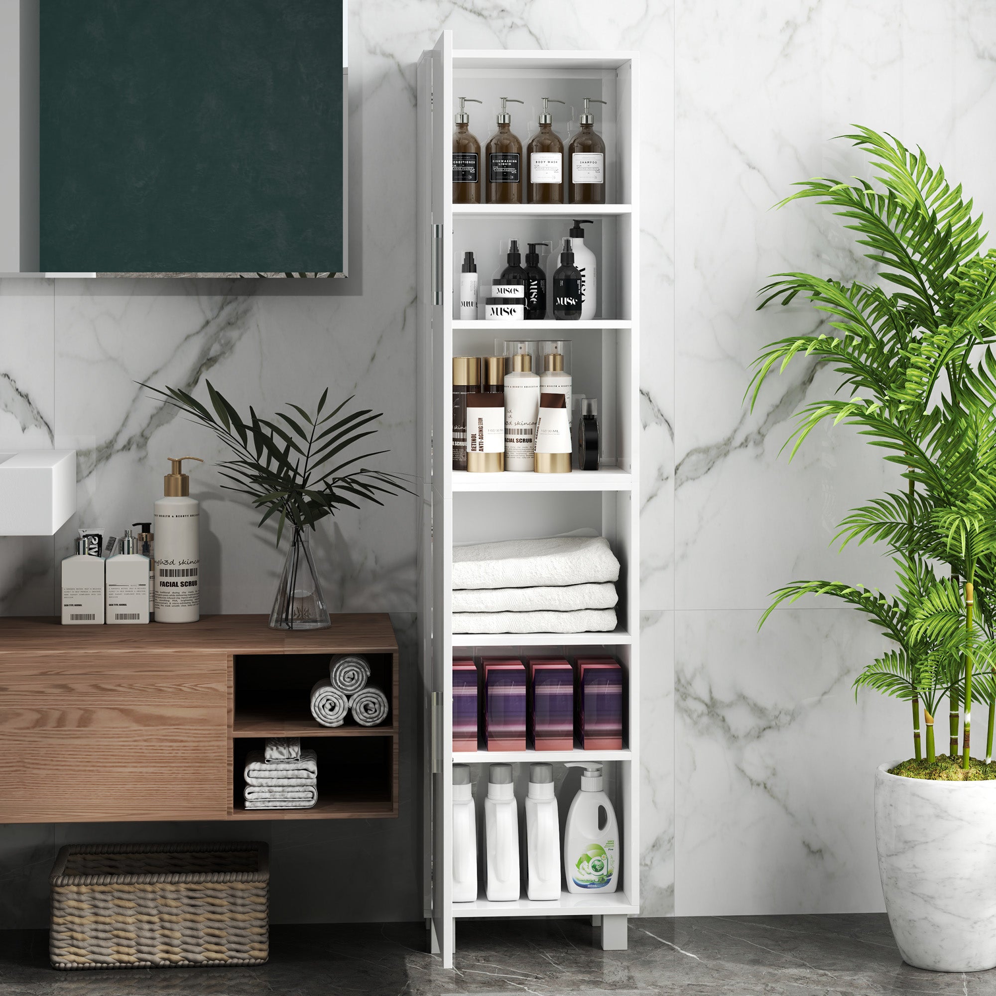 Tall Freestanding Bathroom Cabinet with Adjustable Shelves and Double Doors - White