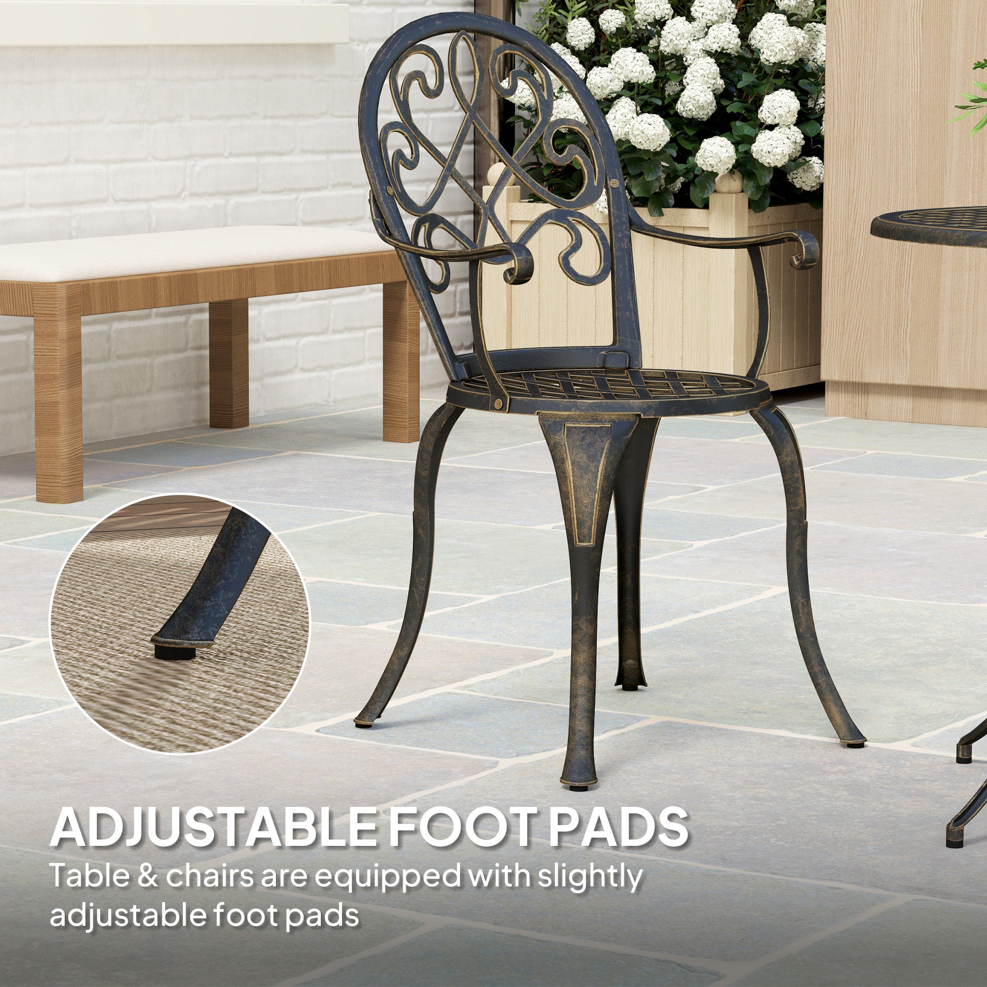 3 Piece Aluminium Garden Bistro Set with Adjustable Feet - Bronze Tone