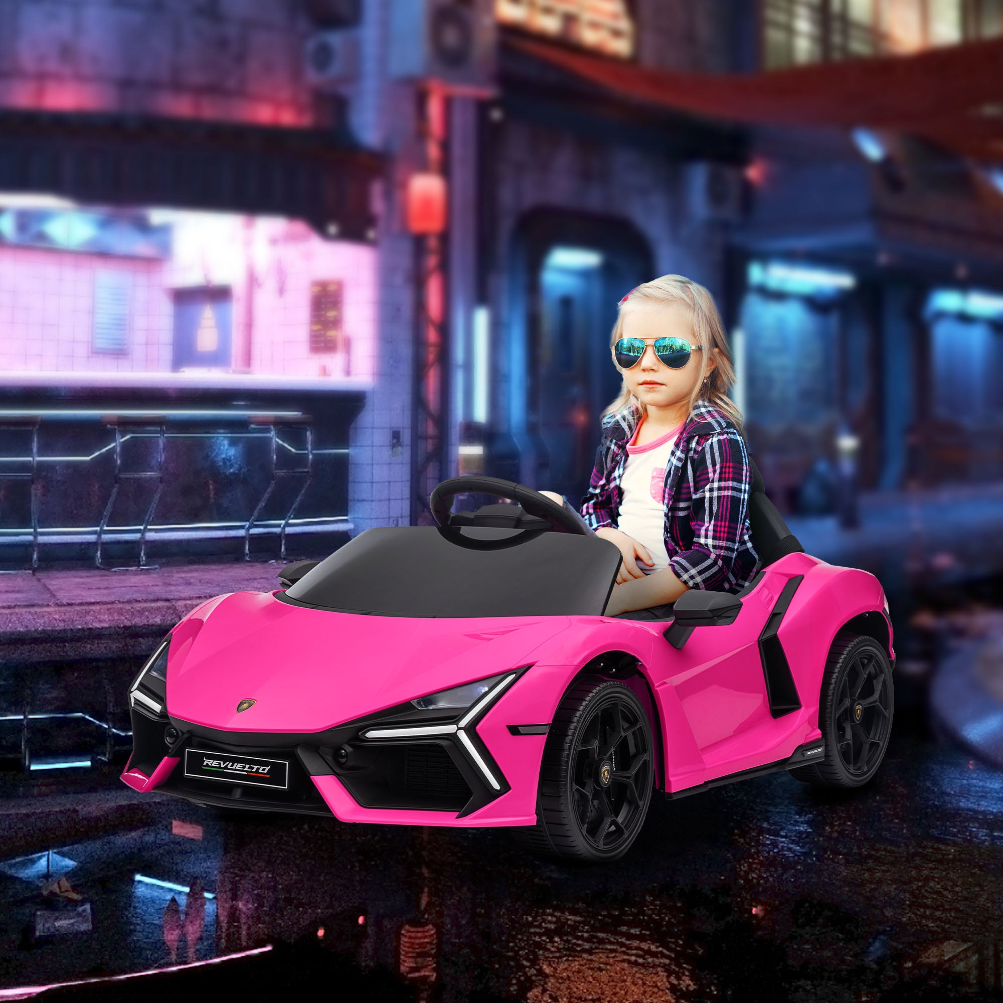 Lamborghini Revuelto Licensed 12V Ride on Car w/ Butterfly Doors, Transport Wheels, Suspension, Remote Control, Pink