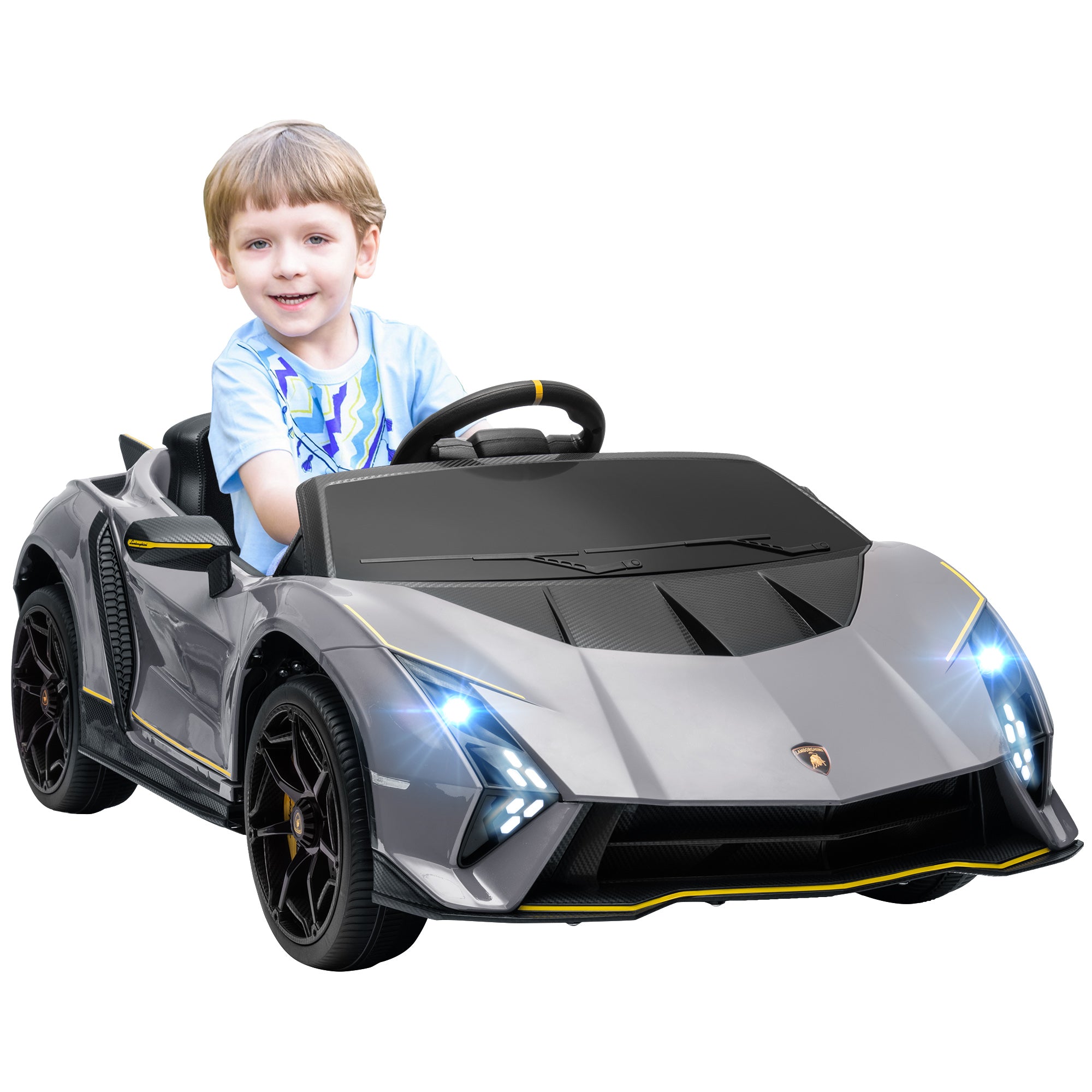 12V Lamborghini Autentica Licensed Kids Electric Car with Remote Control, Four Suspension Wheels, Soft Start, Grey