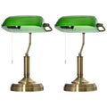 Banker's Table Lamps Set of 2, Desk Lamps with Antique Bronze Tone Base, Green Glass Shade and Pull Rope Switch for Home Office, Living Room, Bedroom, Dining Room, Green