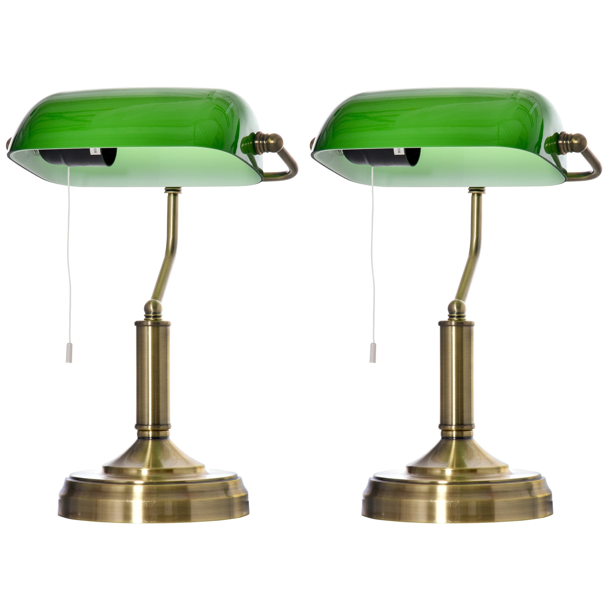 Banker's Table Lamps Set of 2, Desk Lamps with Antique Bronze Tone Base, Green Glass Shade and Pull Rope Switch for Home Office, Living Room, Bedroom, Dining Room, Green