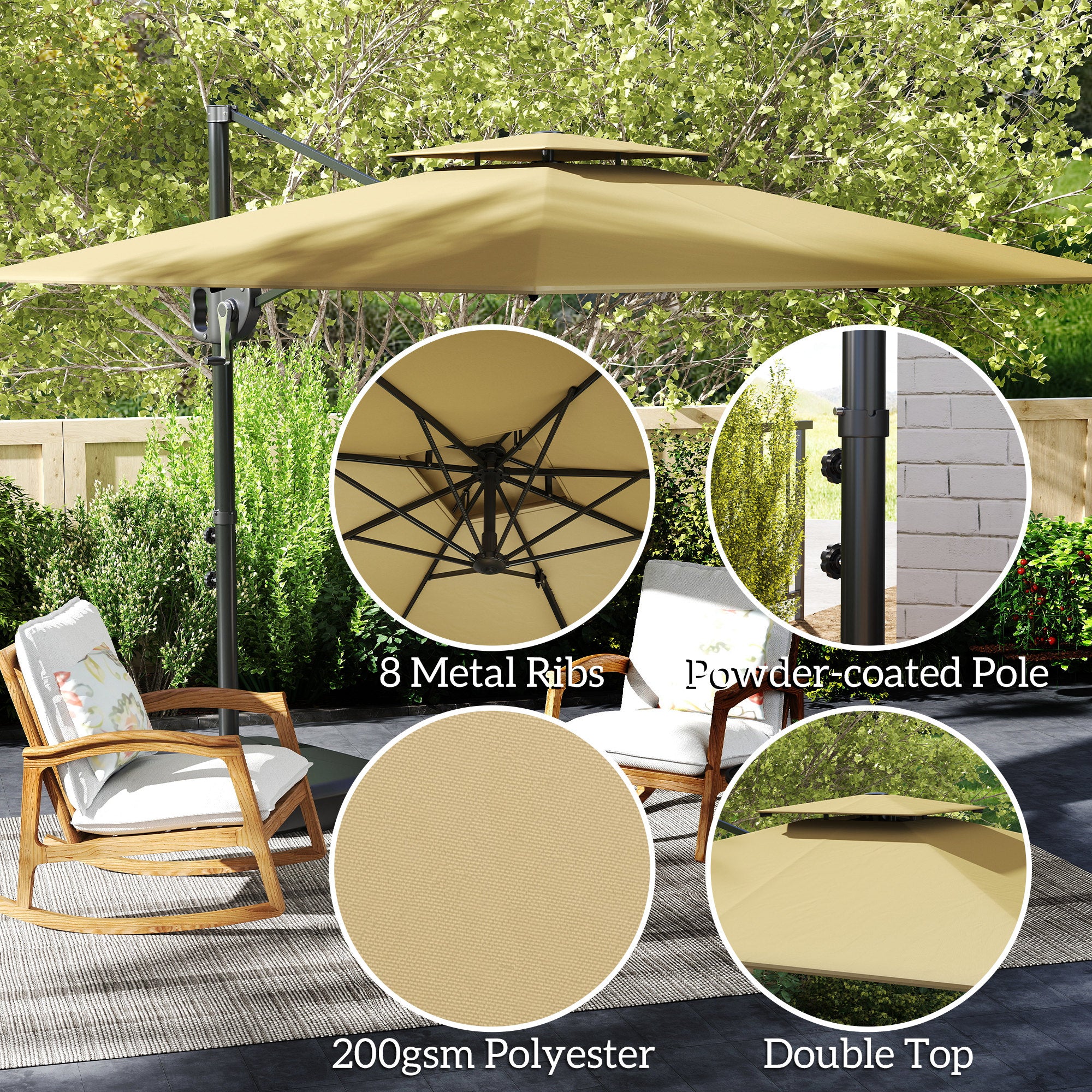 Cantilever Parasol with Weighted Base Double Top Garden Parasol Square Hanging Patio Umbrella with Crank Tilt Khaki