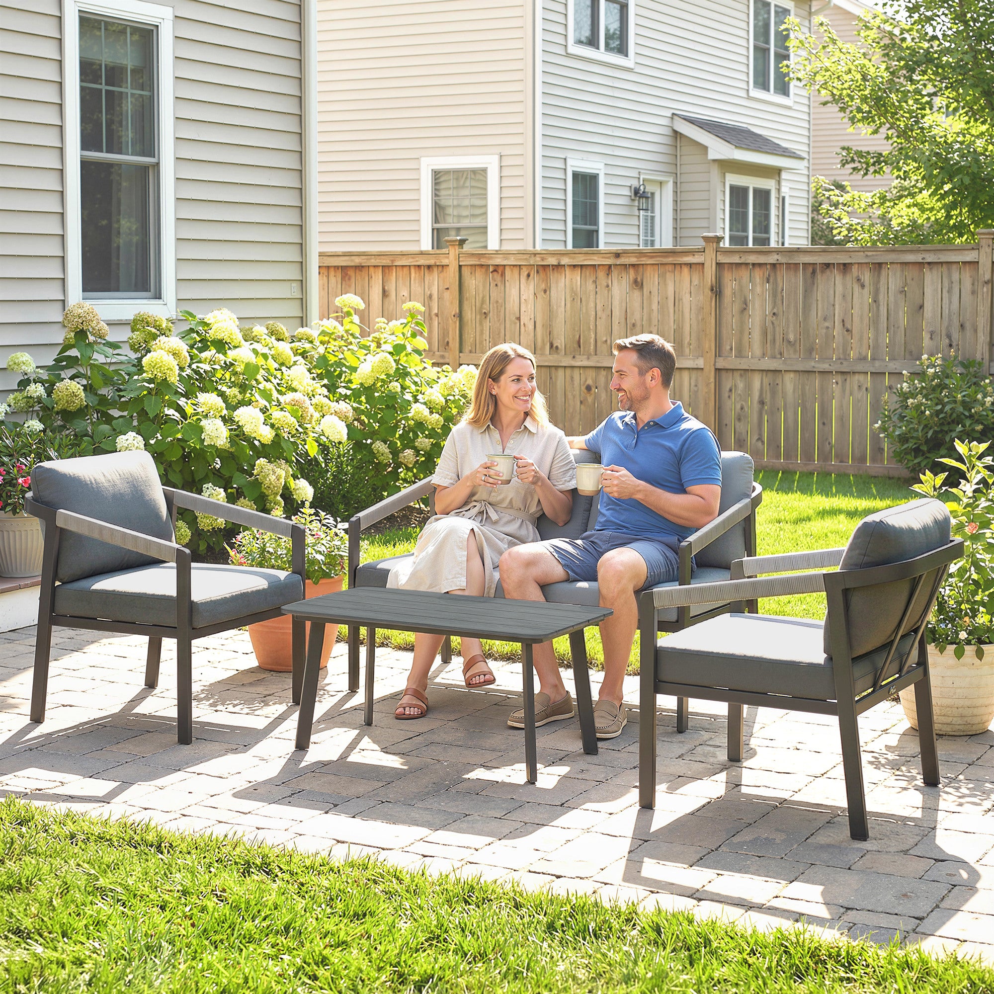 Aluminium Garden Furniture Set, 4 Seater Outdoor Patio Furniture with Loveseat, 2 Armchairs, Slatted Table