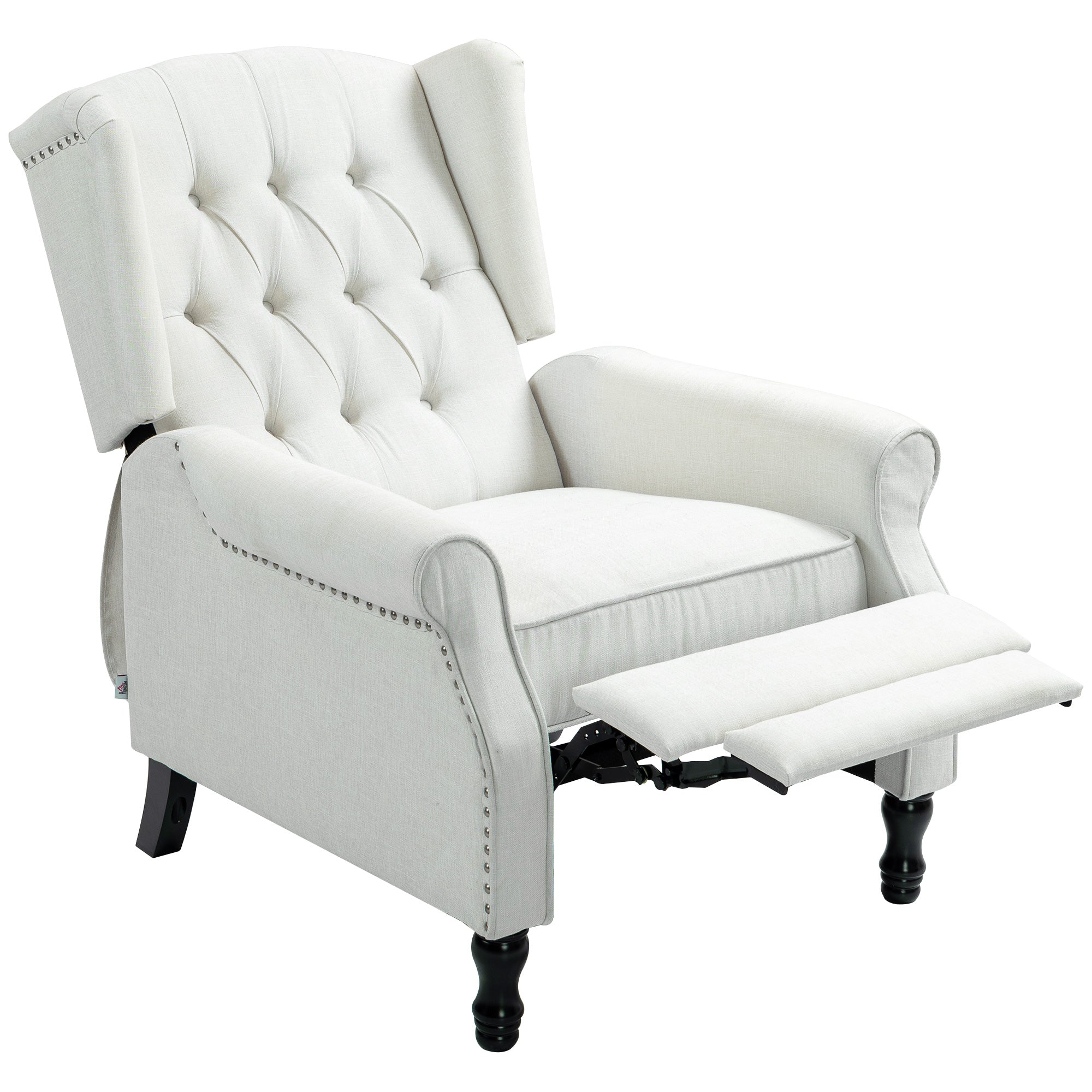 Recliner Armchair, Vintage Reclining Chair with Nail Head Trim, Wingback Chair with Button Tufted Back and Footrest, for Living Room, Cream White