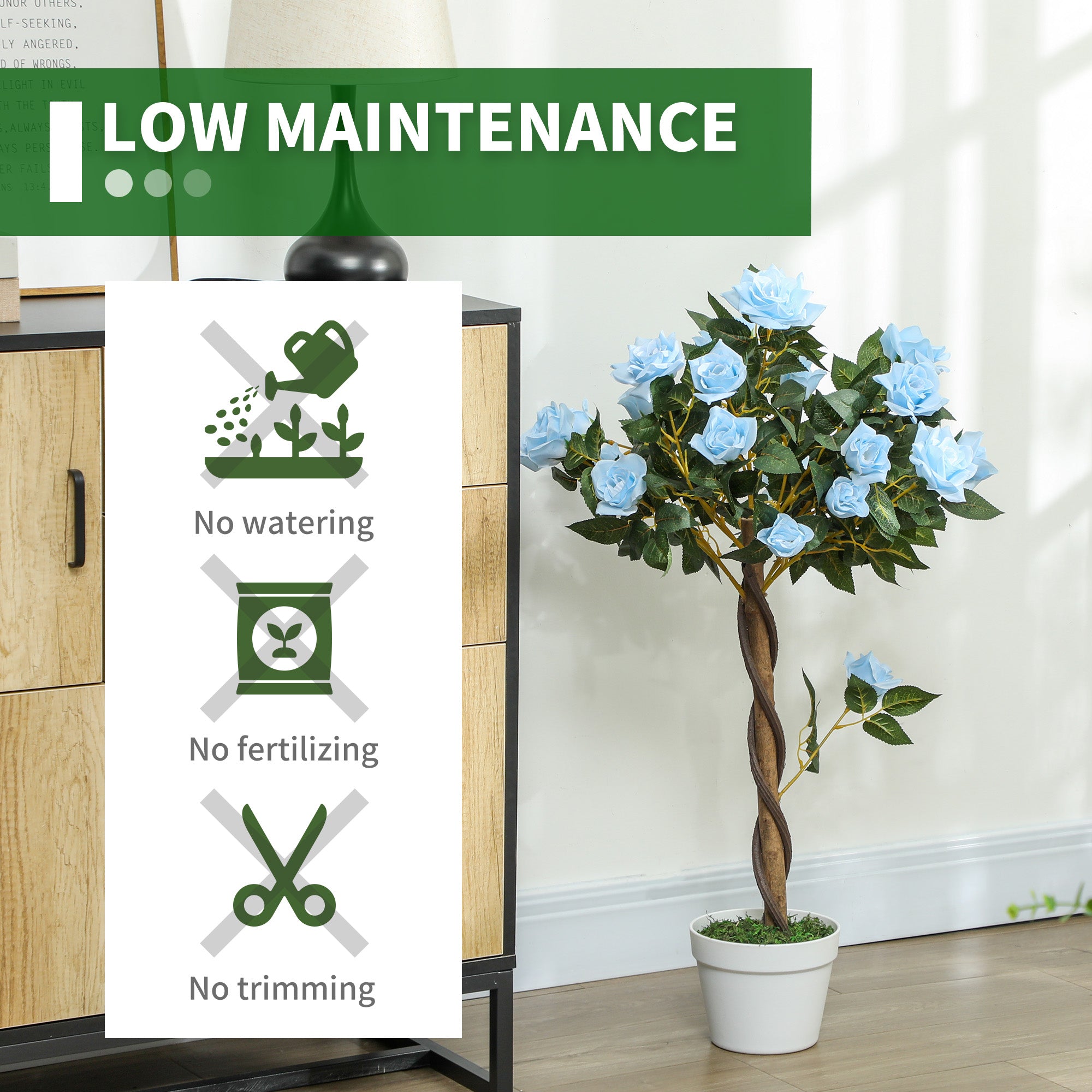 Set of 2 Artificial Plants White Rose Floral in Pot, Fake Plants for Home Indoor Outdoor Decor, 90cm, Light Blue