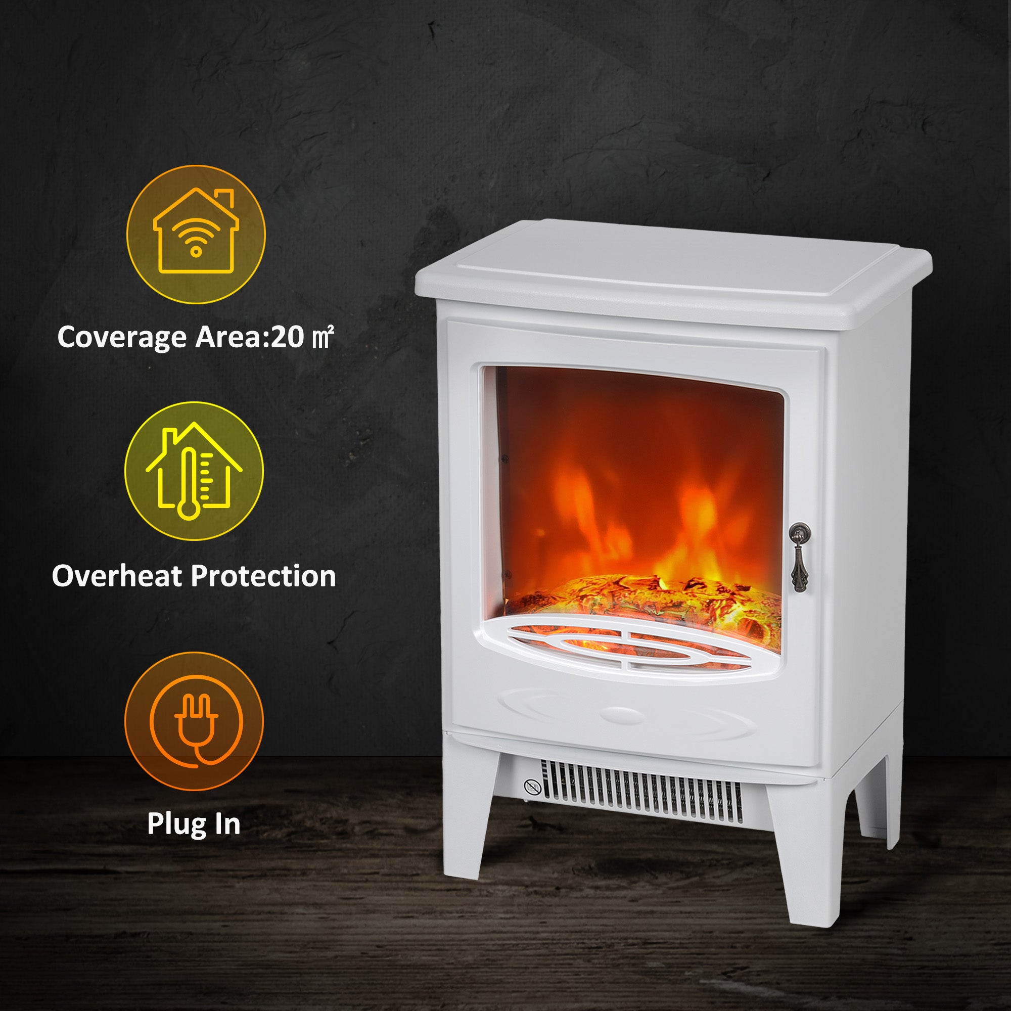 Tempered Glass Casing Electric Fireplace, Freestanding Electric Fire with Realistic Flame Effect, Electric Log Burner with Overheat Protection, 950w/ 1850W, White