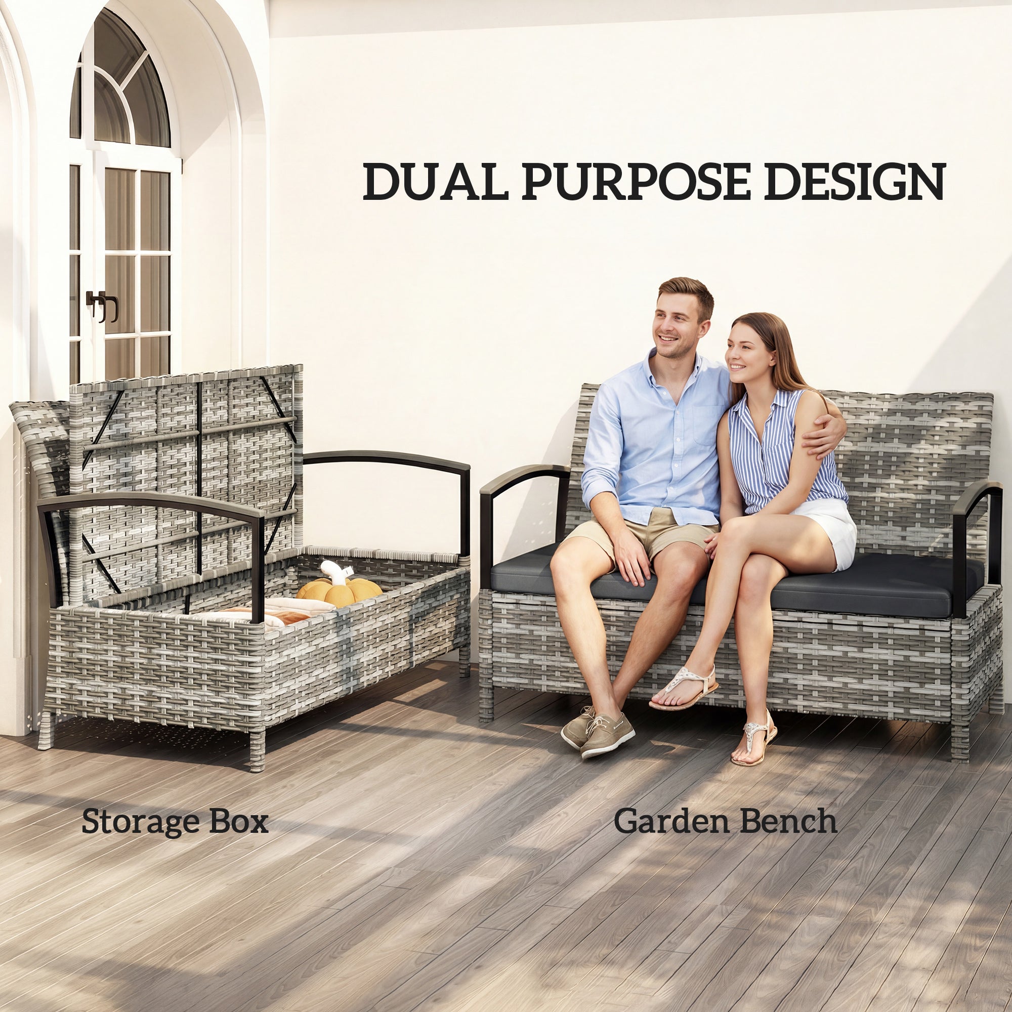 125L Garden Storage Bench, 2 Seater PE Rattan Outdoor Bench Storage Box with Padded Cushion, Dark Grey