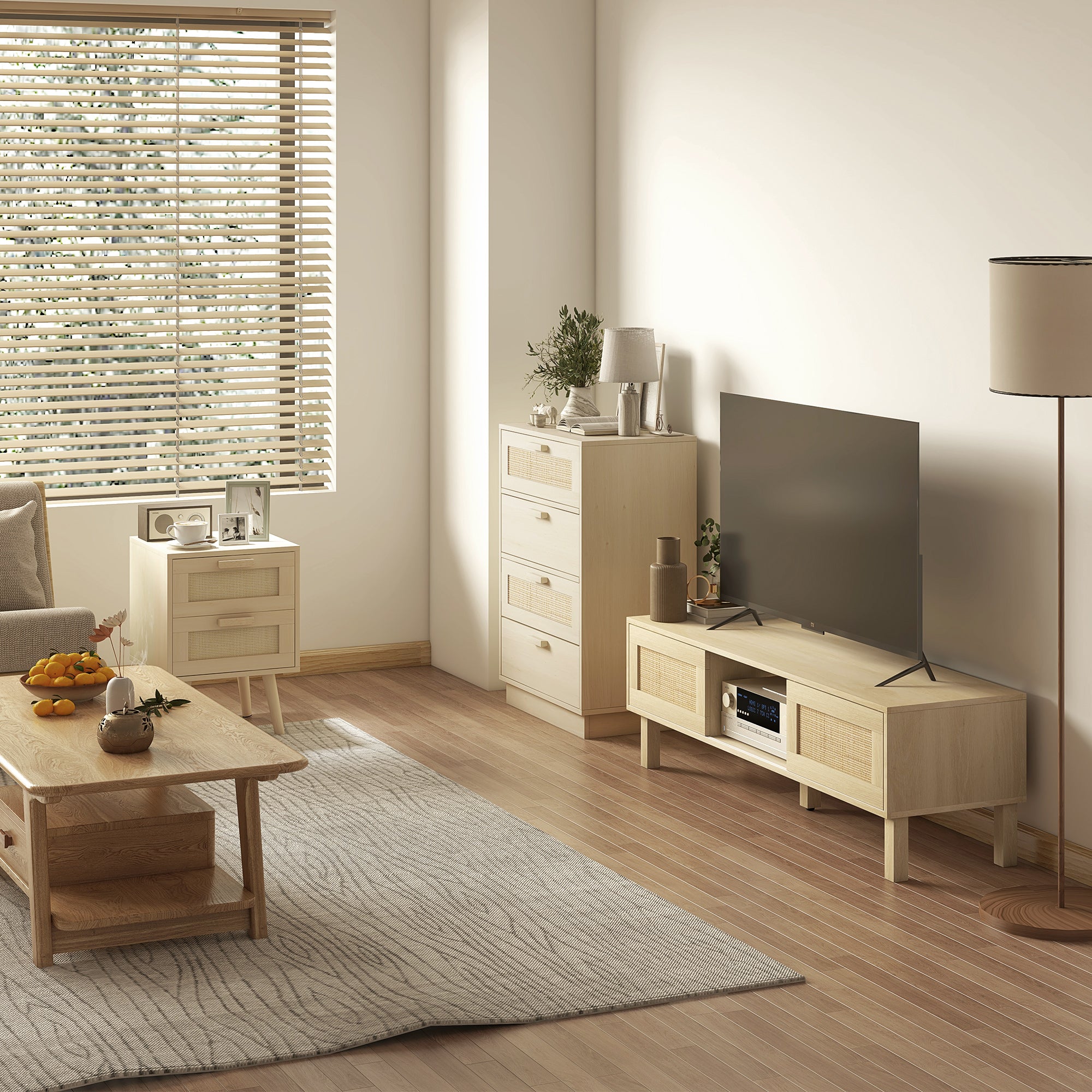Chest of Four Rattan Weave Panel Drawers - Wood-Effect