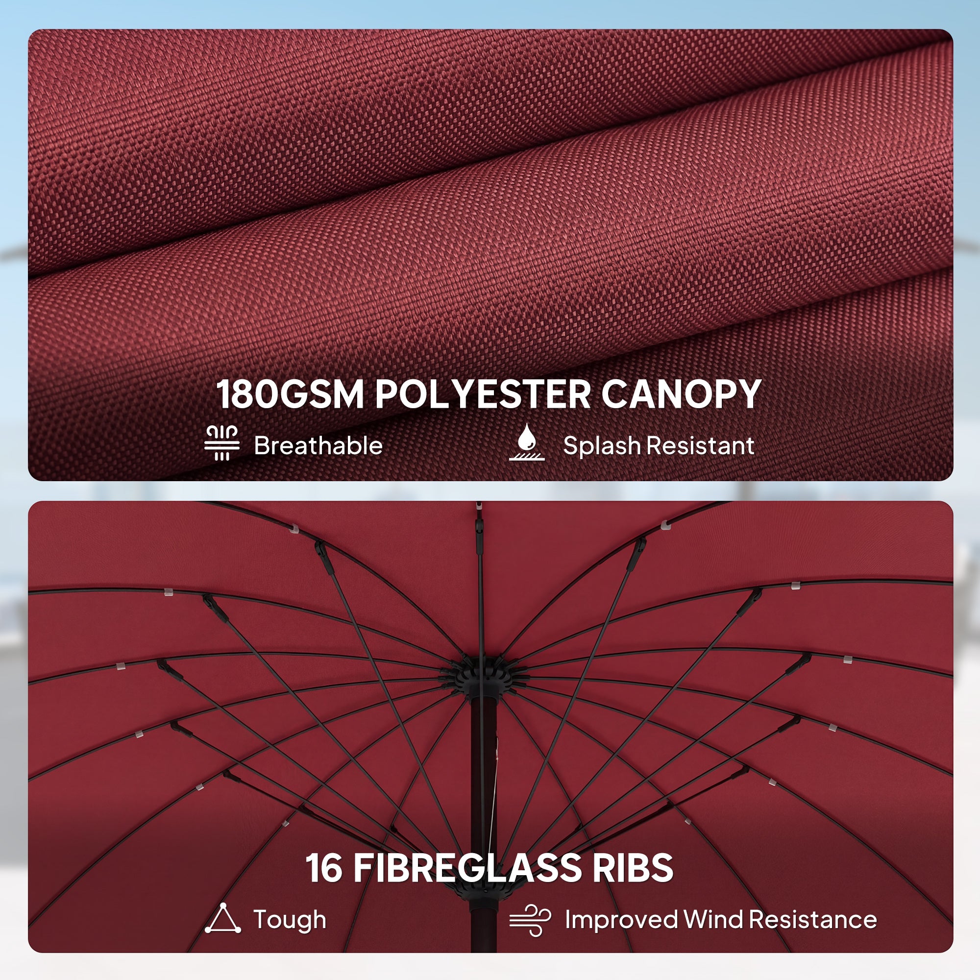 2 m Shanghai Garden Parasol Umbrella with 16 Fibreglass Ribs, Outdoor Parasol Sun Shade with Crank & Tilt, Wine Red