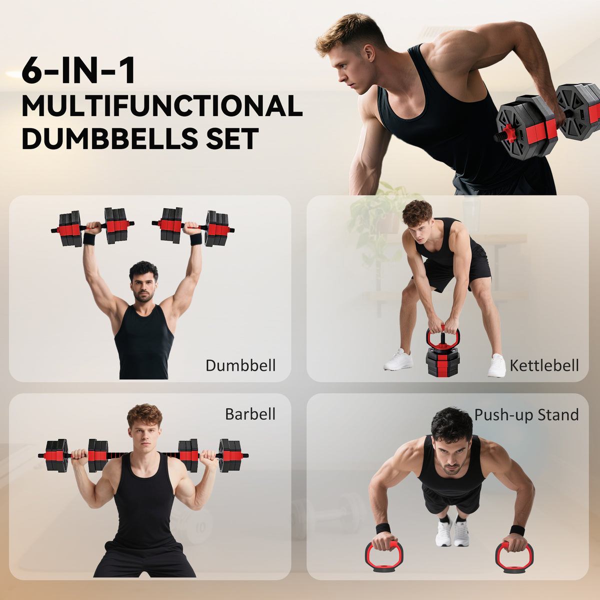 6-in-1 Adjustable Weight Dumbbells Set, Used as Kettlebell, Barbell, Dumbbell, Push-Up Stand, 20kg Free Weights Set for Men and Women Home Gym Training, Red