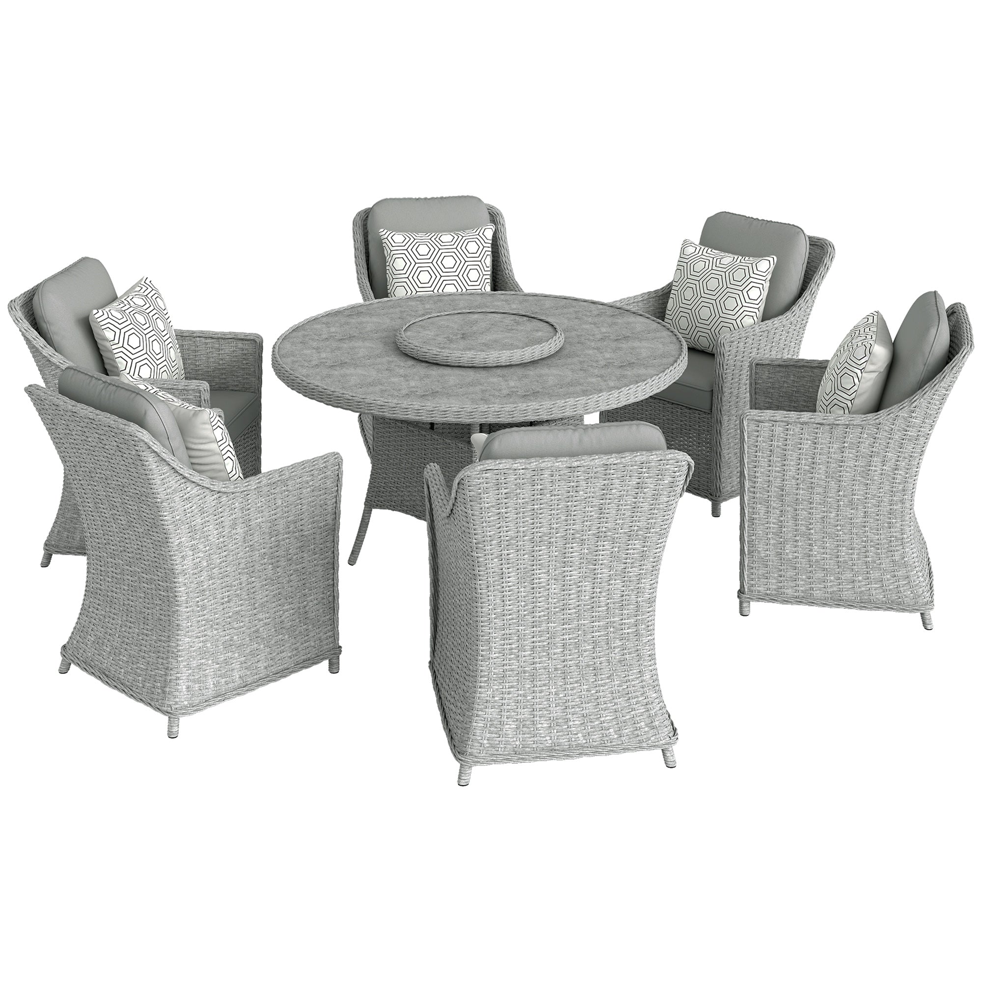 Rattan Dining Set with Turntable, Marble Effect Glass Table and 6 Armchairs, Aluminium Frame, Grey