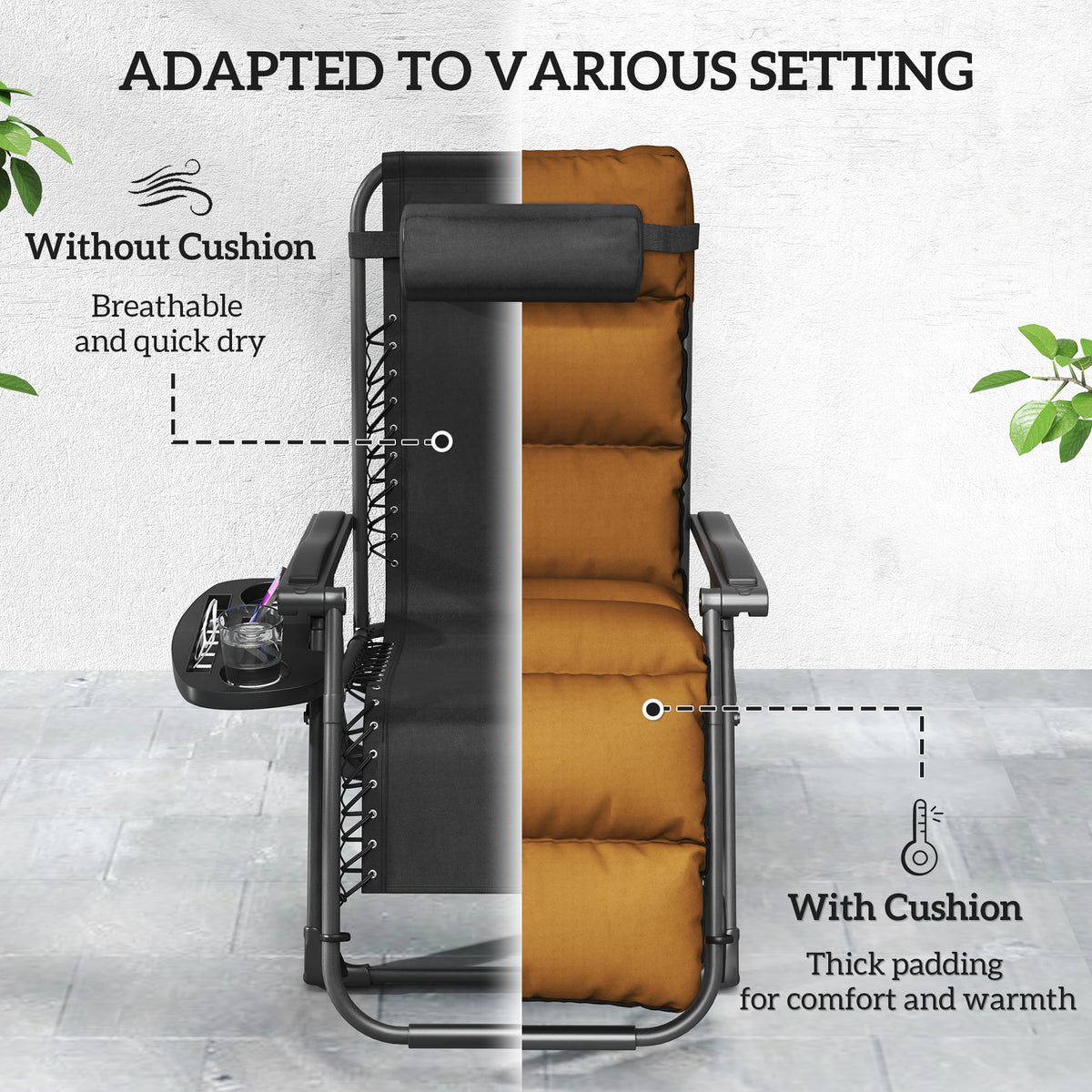 Set of 2 Reclining Sun Loungers with Cushions and Side Trays - Brown Steel Frame