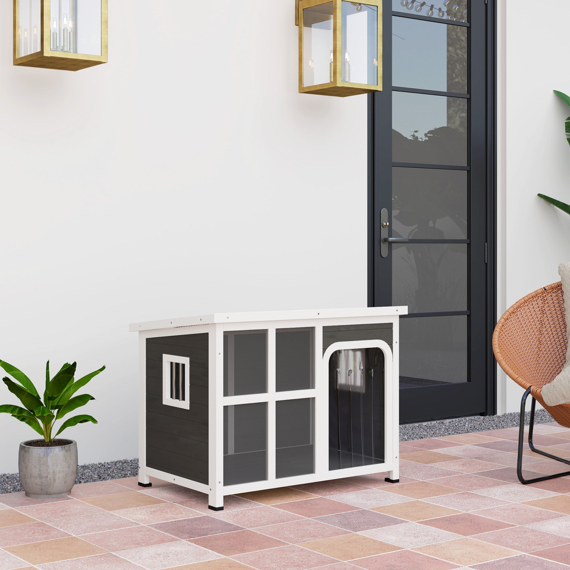 Wooden Dog House Outdoor with Asphalt Openable Top, Removable Floor, Clear Front Panel, Curtain, 90 x 62 x 71cm