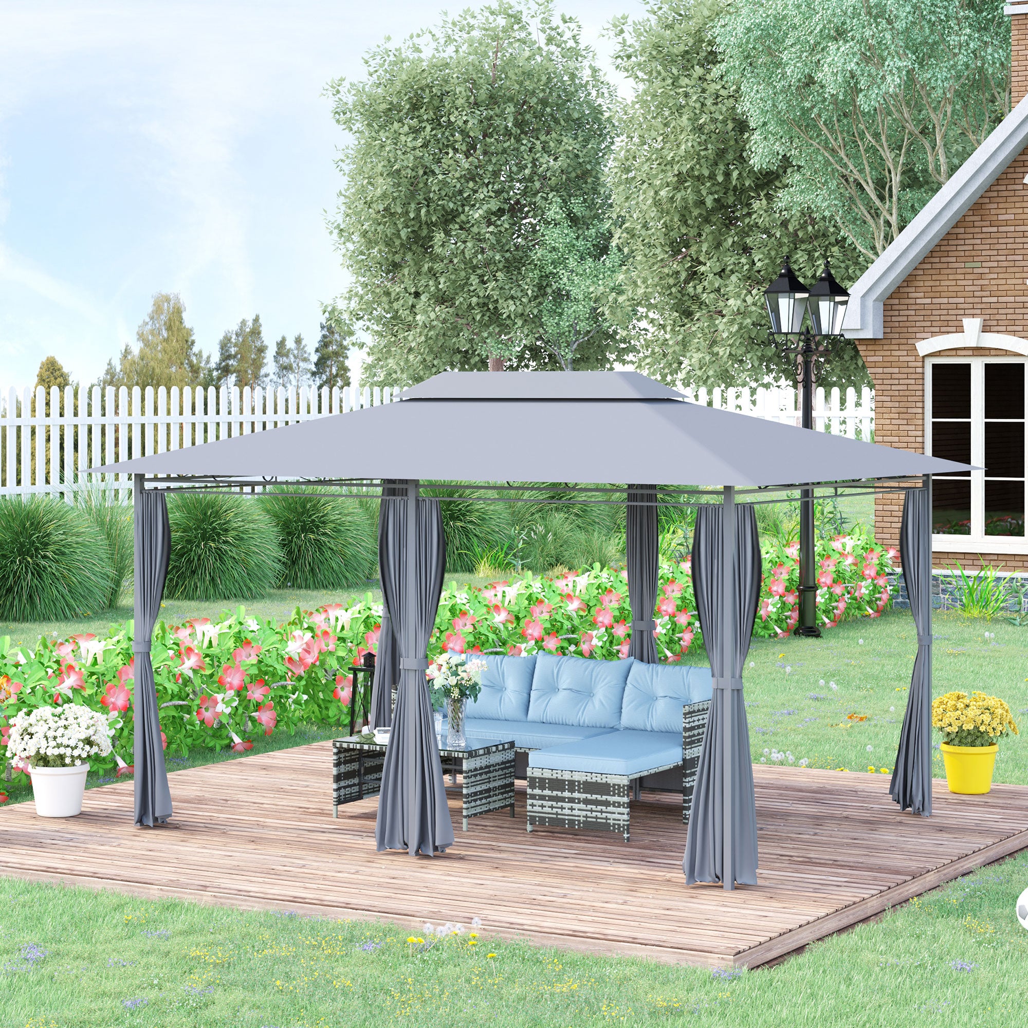 4m x 3(m)Garden Gazebo, Double Roof Outdoor Gazebo Canopy Shelter with Curtains, Solid Steel Frame for Lawn and Deck, Grey