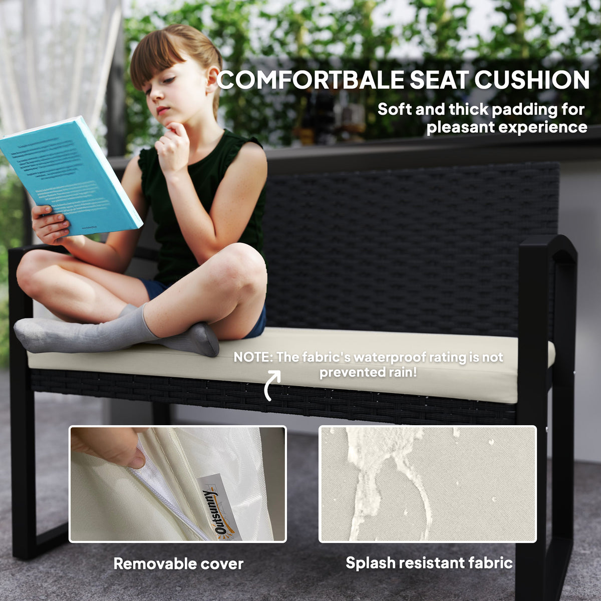 Two-Seater Rattan Garden Bench with Cushion - Beige/Black