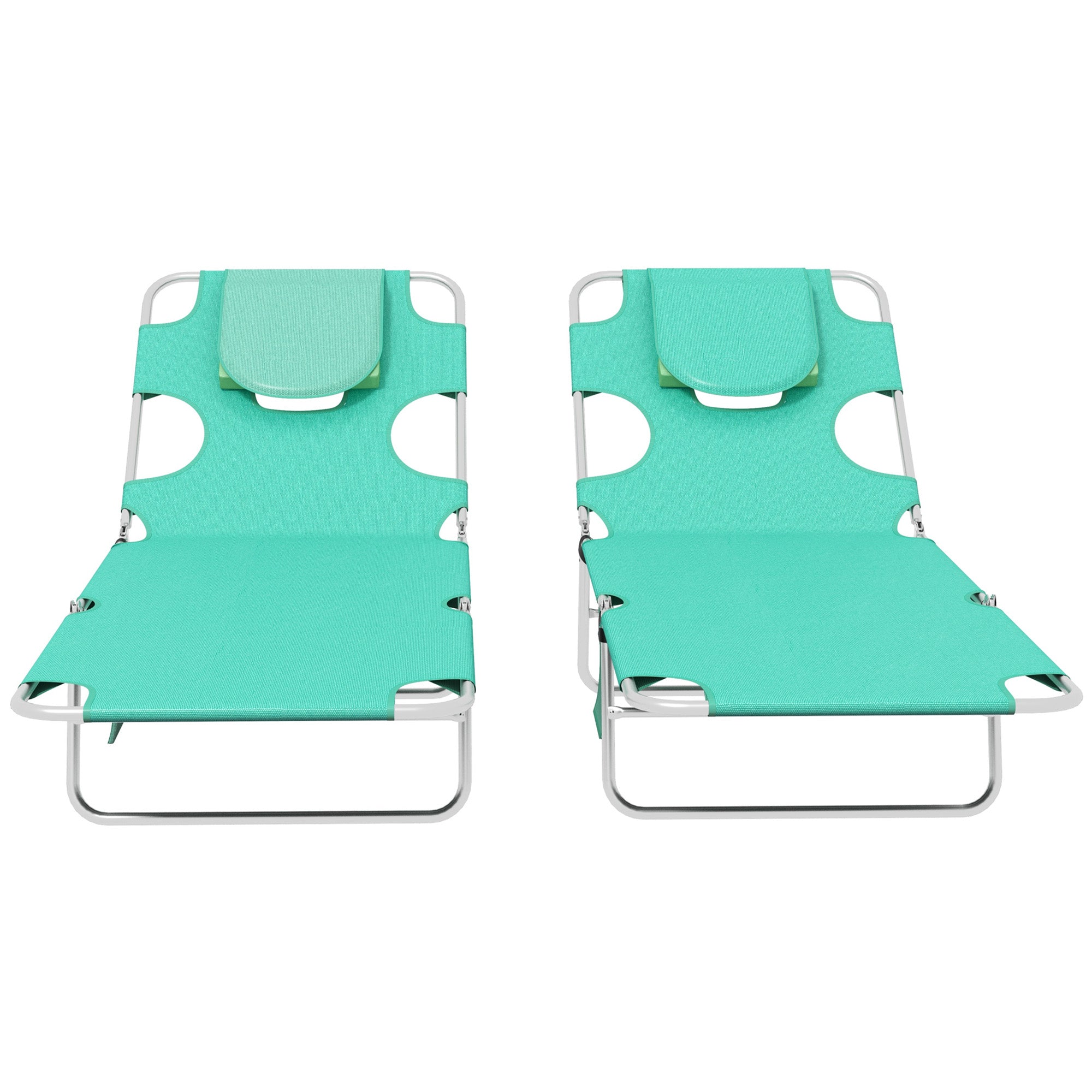 Foldable Sun Lounger Set of 2 with Reading Hole, Portable Sun Lounger with 5 Level Adjustable Backrest, Reclining Lounge Chair with Side Pocket, Headrest Pillow, Green