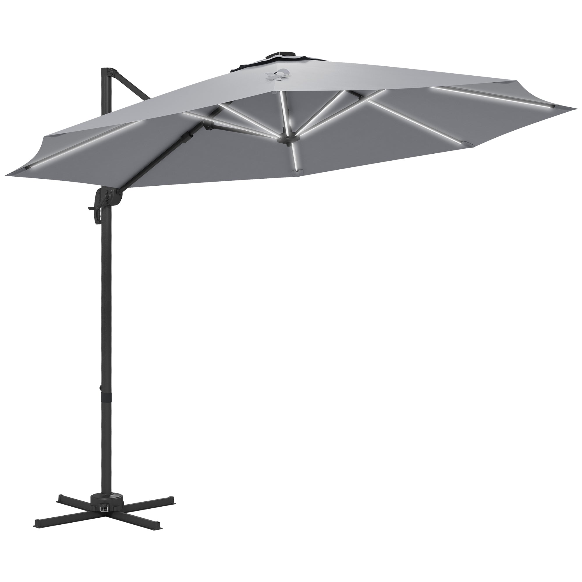 3(m) Adjustable Cantilever Parasol with Base, Solar LED Lights, Light Grey
