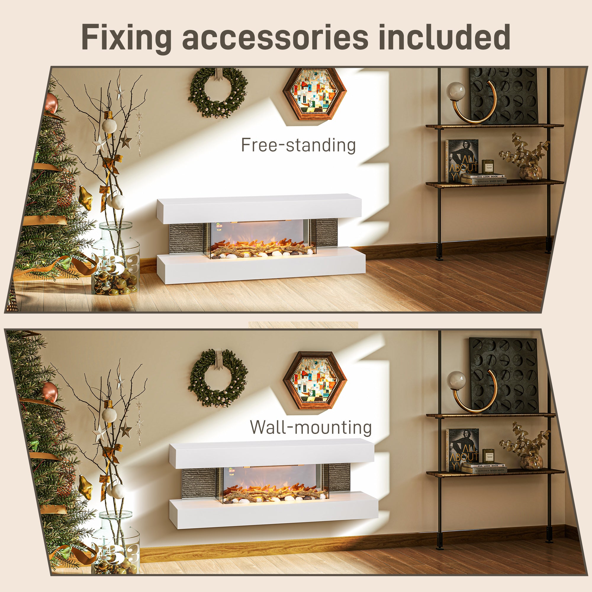 47inch / 120cm Electric Fireplace Wall Mounted, Freestanding, Glass Electric Fire Suite with Mantel, Adjustable LED Flame Effect, Log, Pebble, Remote Control, 2000W, White