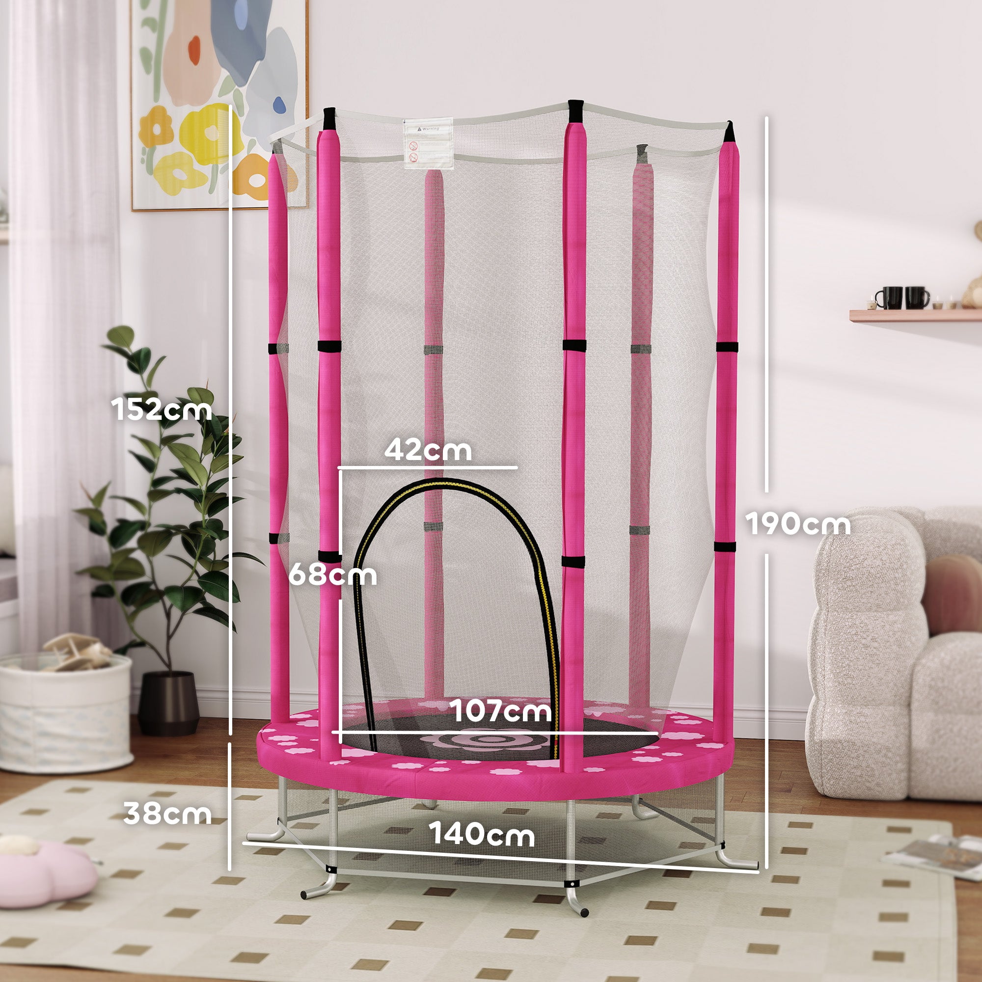 4.6FT Toddler Trampoline w/ Safety Enclosure Net, for Indoor Outdoor Use, Ages 3-6 Years, Sun Pattern - Pink