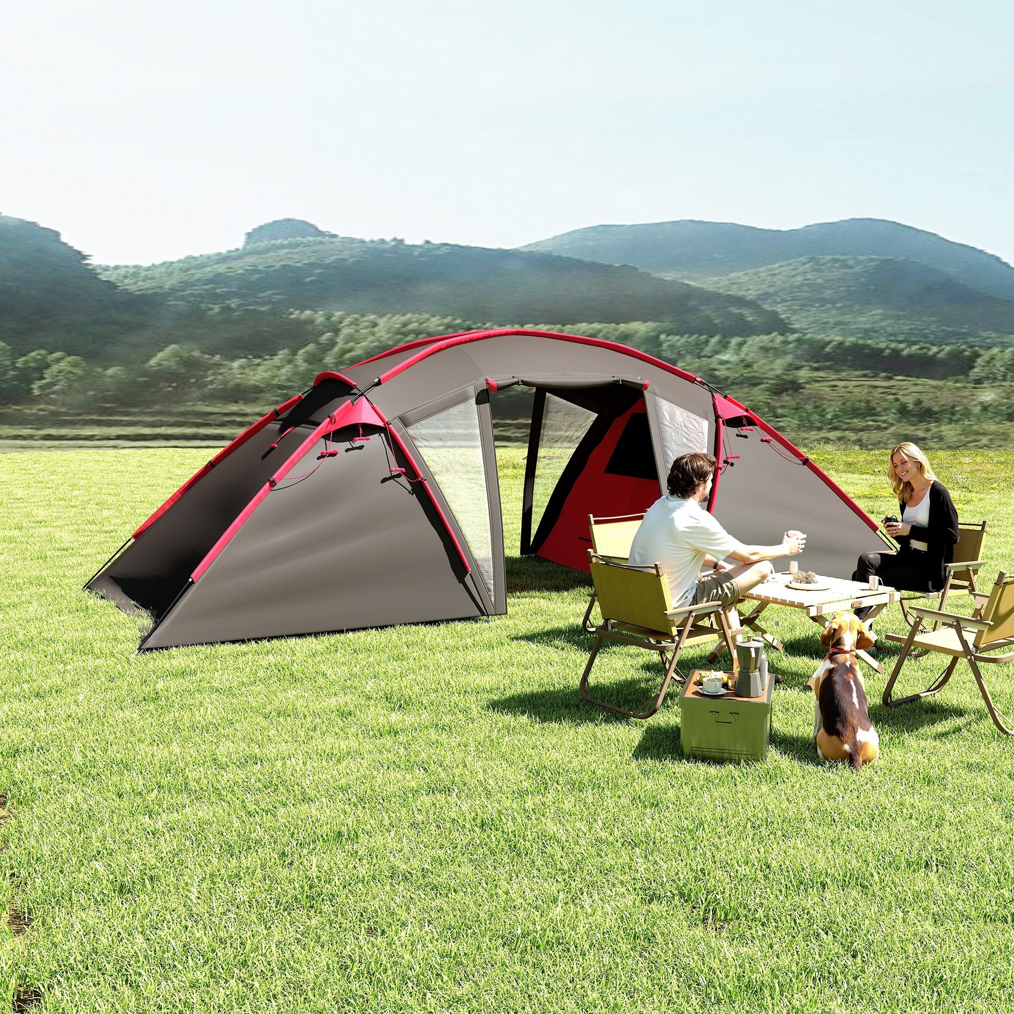 4-6 Man Family Camping Tent w/ 2 Bedrooms and a Living Room, Waterproof Tunnel Tent w/ Sewn In Groundsheet, Doors, Windows, Carry Bag, Grey