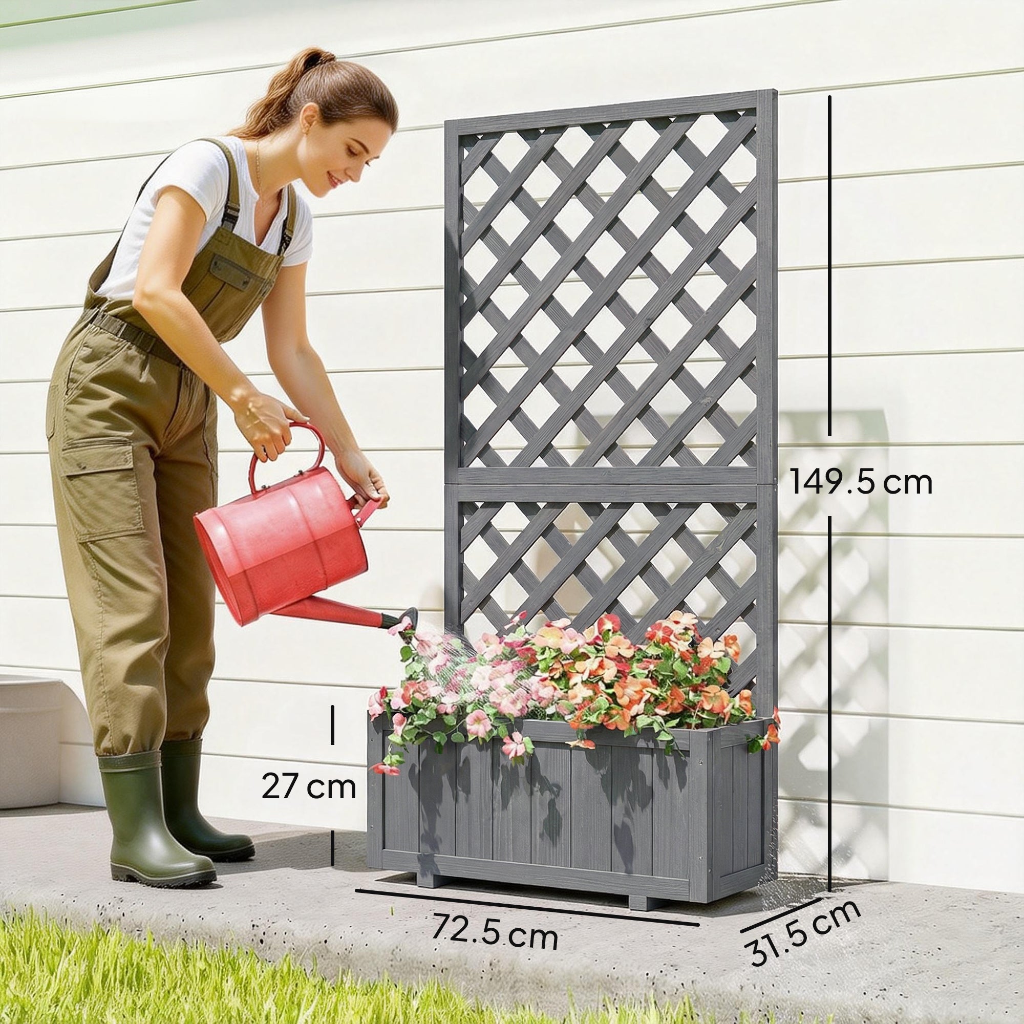 Wood Planter with Trellis for Climbing Plants, Raised Bed, Planter Box with Drainage Holes to Grow Herbs Flowers, Grey
