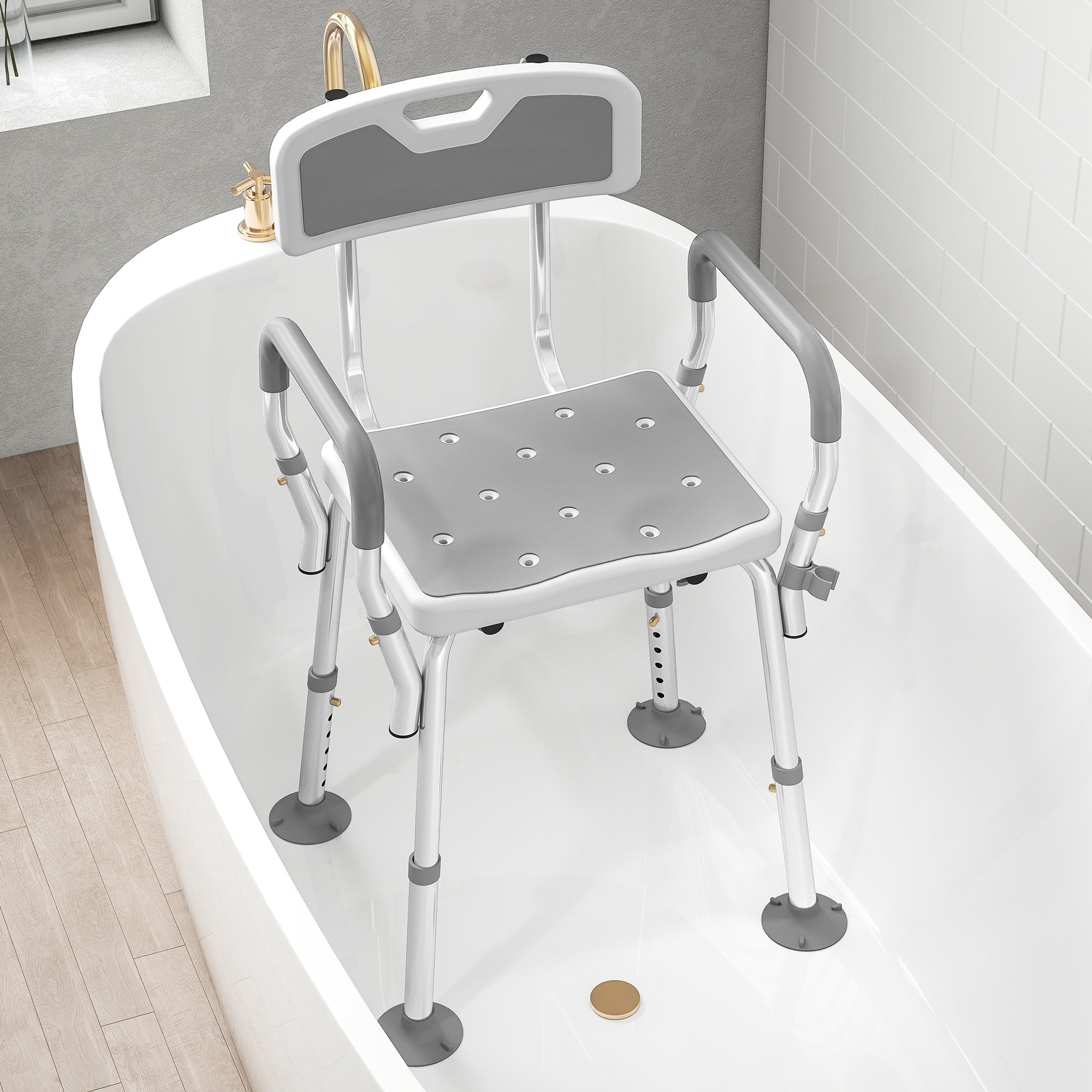 EVA Padded Shower Chair for the Elderly and Disabled, Height Adjustable Shower Stool with Back and Arms, 4 Suction Foot Pads, Light Grey