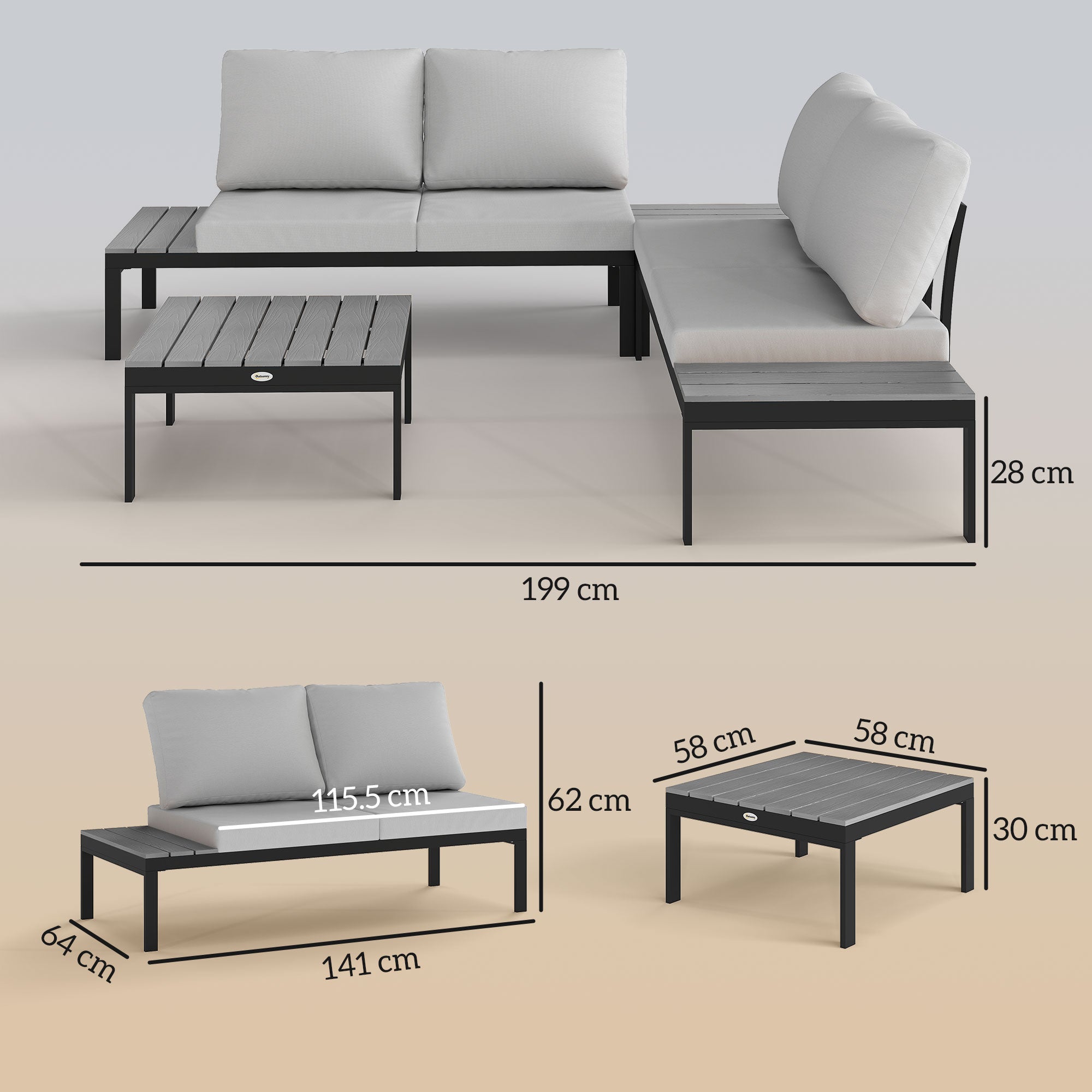 Four-Piece Garden Corner Sofa Set with 2 Loveseats & 2 Coffee Tables - Grey