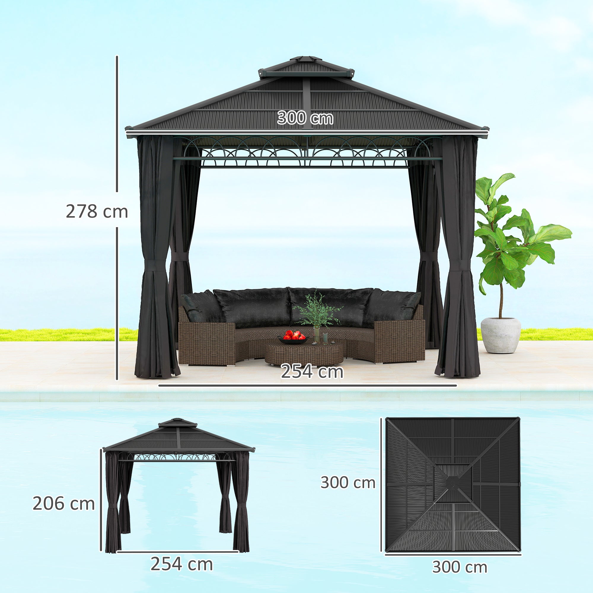 3 x 3 m Outdoor Polycarbonate Double Roof Gazebo with Steel Frame, Nettings & Curtains - Dark Grey