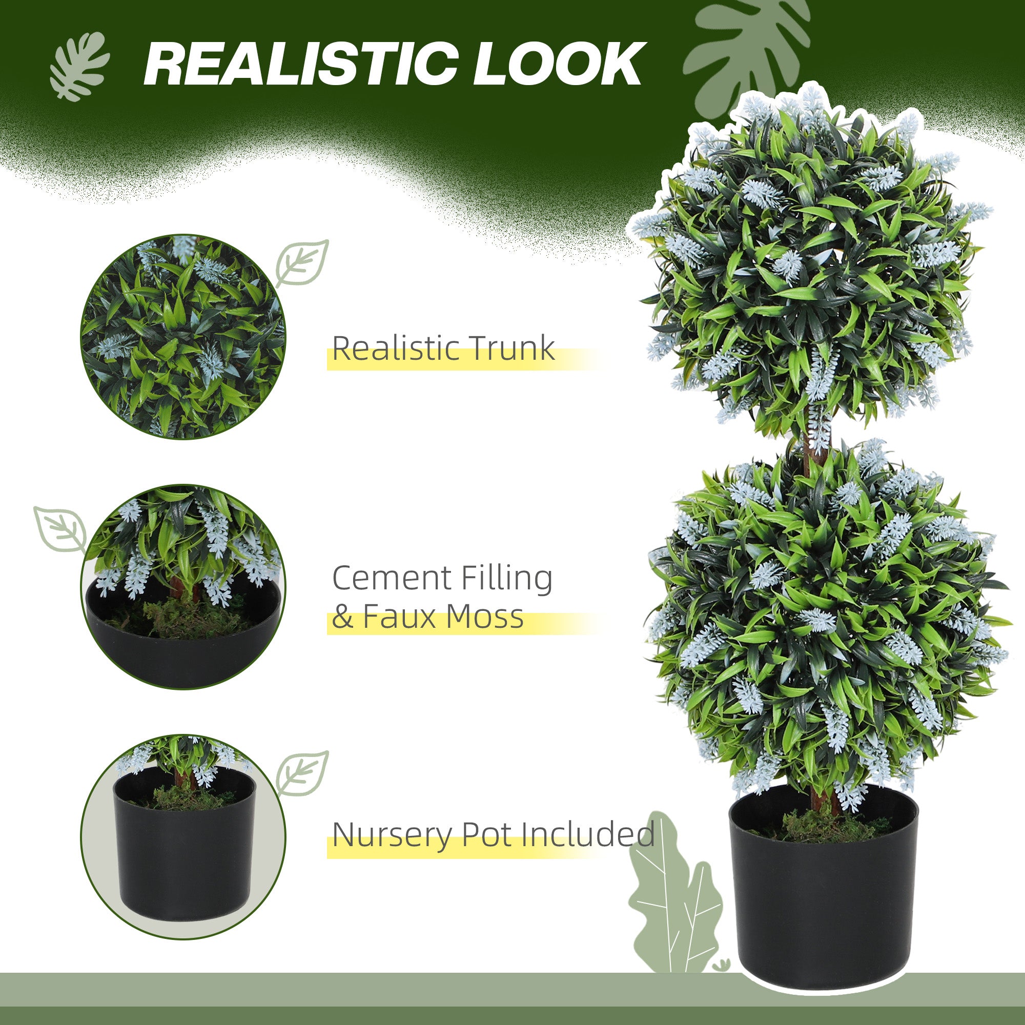 Set of 2 Decorative Artificial Plants Ball Trees with Lavender Flowers in Pot Fake Plants for Home Indoor Outdoor Decor, 70cm, Blue