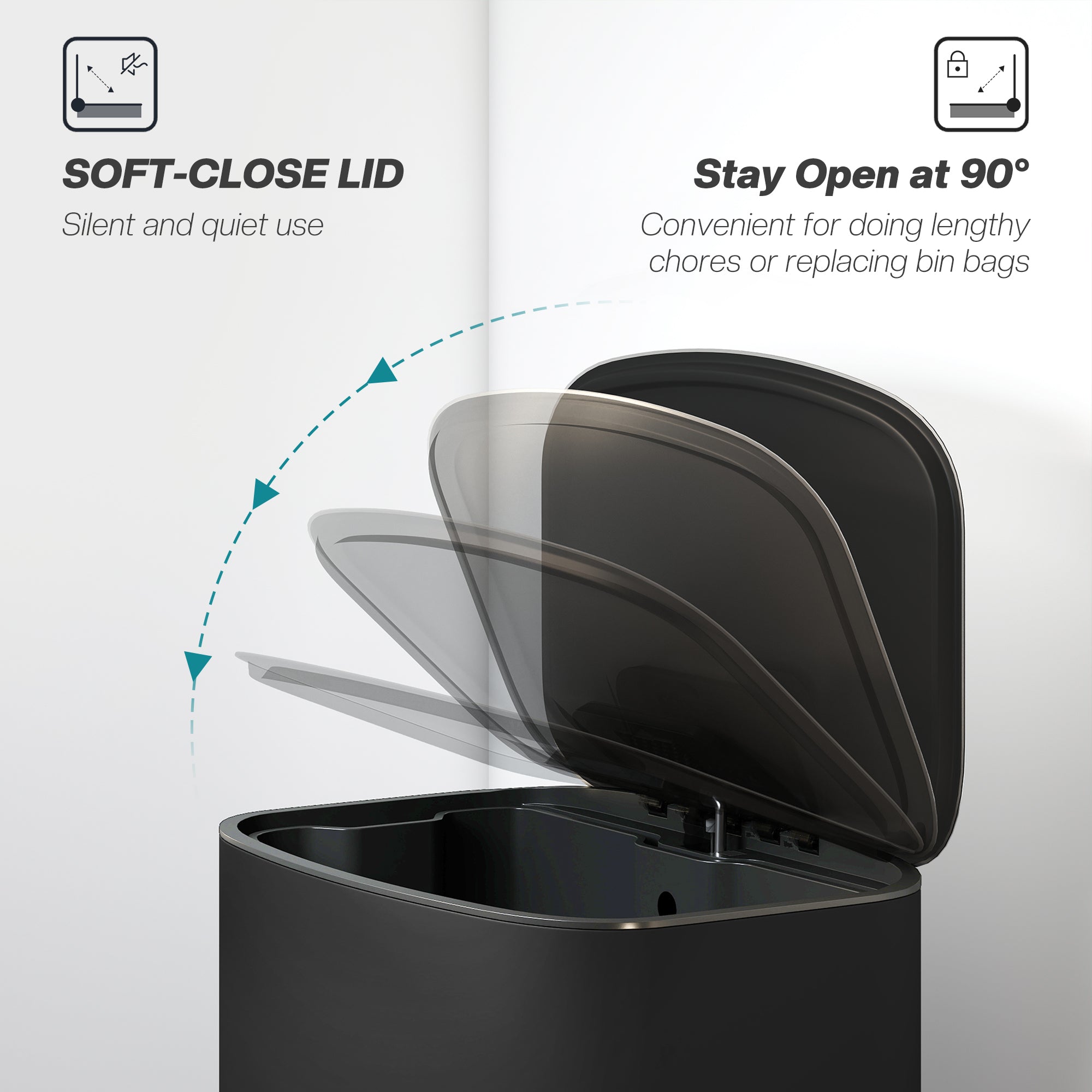 50L Kitchen Bin with Soft-Close Lid and Stay-Open Function, Stainless Steel Pedal Bin with Removable Inner Bucket, Carry Handle for Kitchen, Office, Home, Black