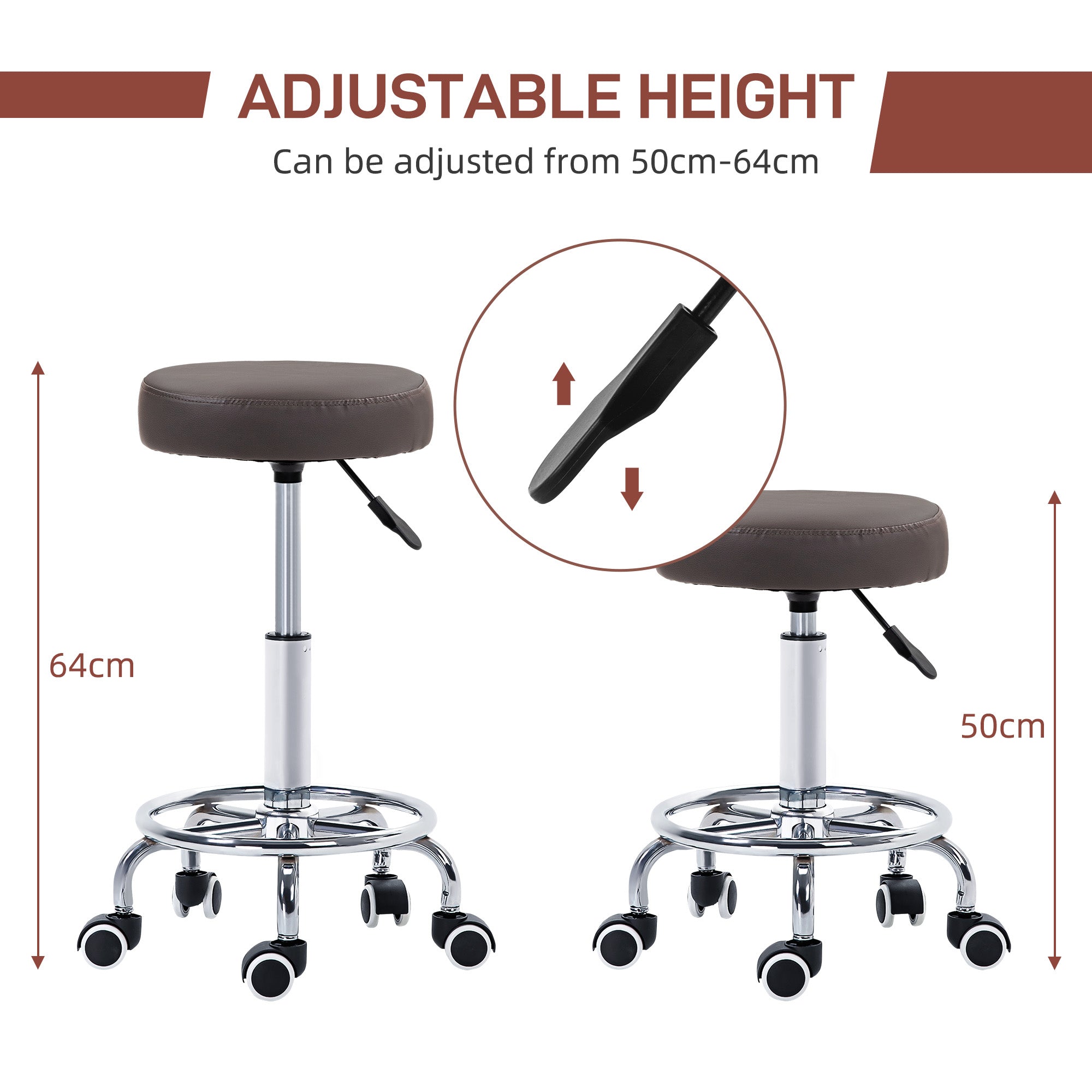 PU Leather Rolling Stool, Height Adjustable Stool Chair with Wheels for Salon, Massage, Spa, Grey