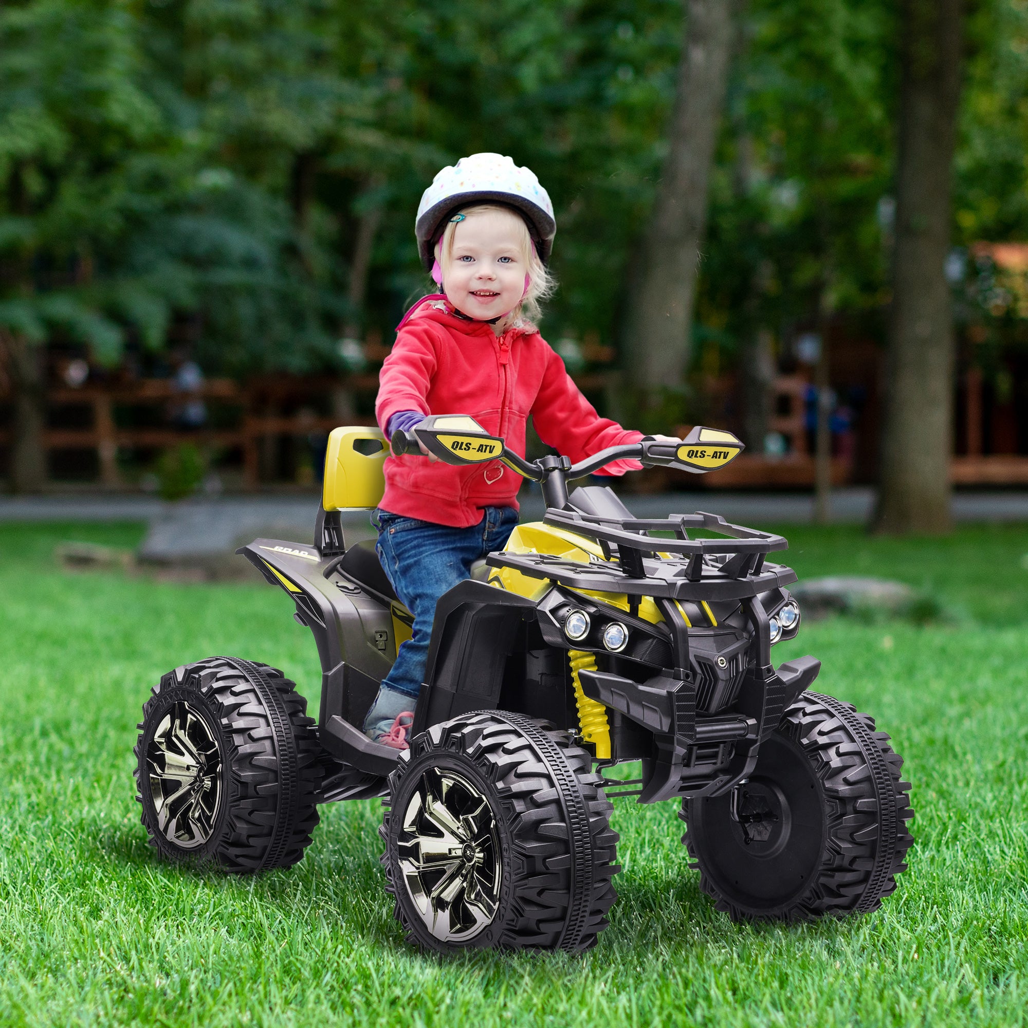 12V Quad Bike ATV with LED Lights, Music, Backrest, Forward, Backward, Yellow