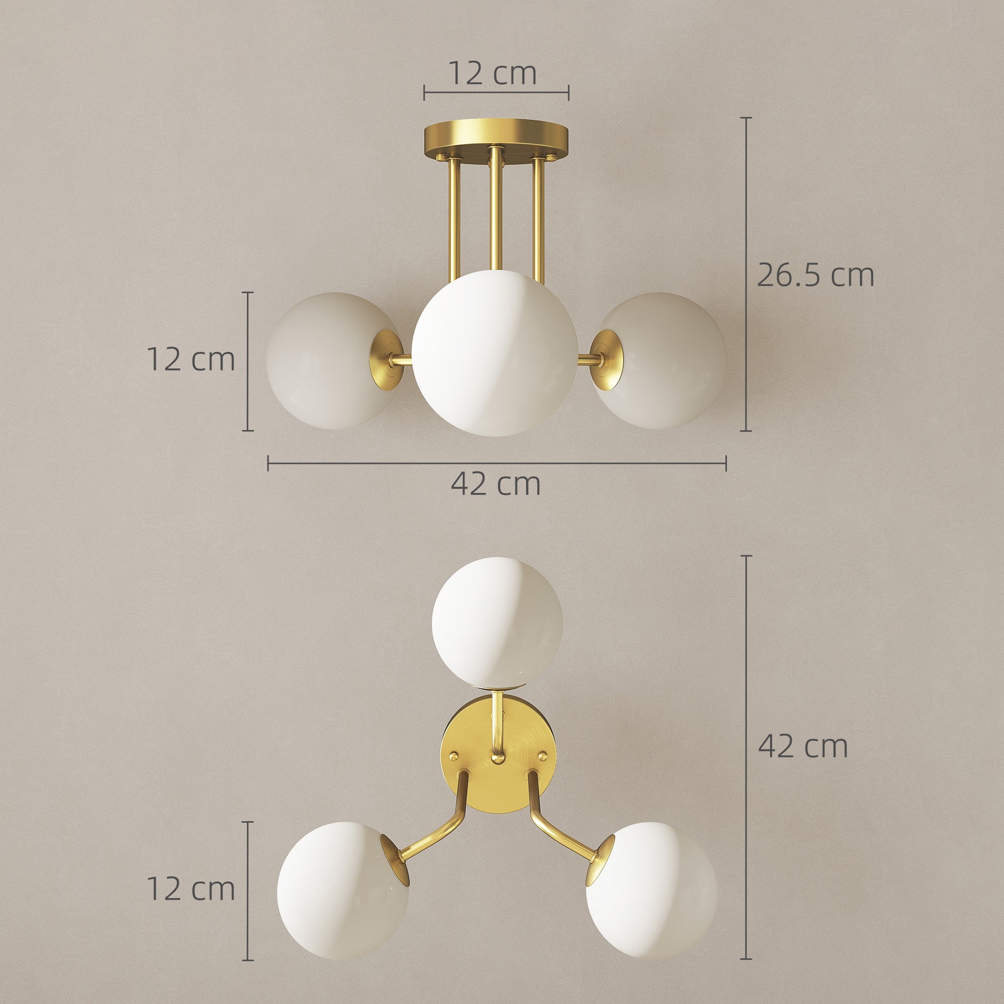 LED Ceiling Light with Globe Shades, Modern 3-Light Ceiling Light with G9 Sockets for Living Room, Bedroom, Dining Room, Bulbs Not Included, Gold Tone